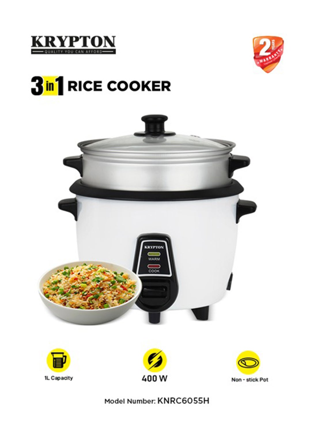 3-in-1 Electric Rice Cooker – Cook, Warm & Steam Functions,…