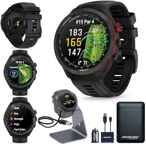 Compare Garmin Approach S70 Golf Smartwatch, FullColor CourseView Maps AMOLED Display, Advanced Shot Execution & Putt Alignment, Immersive Golfing Experience wSignature Stand Power Bundle at KSA Price