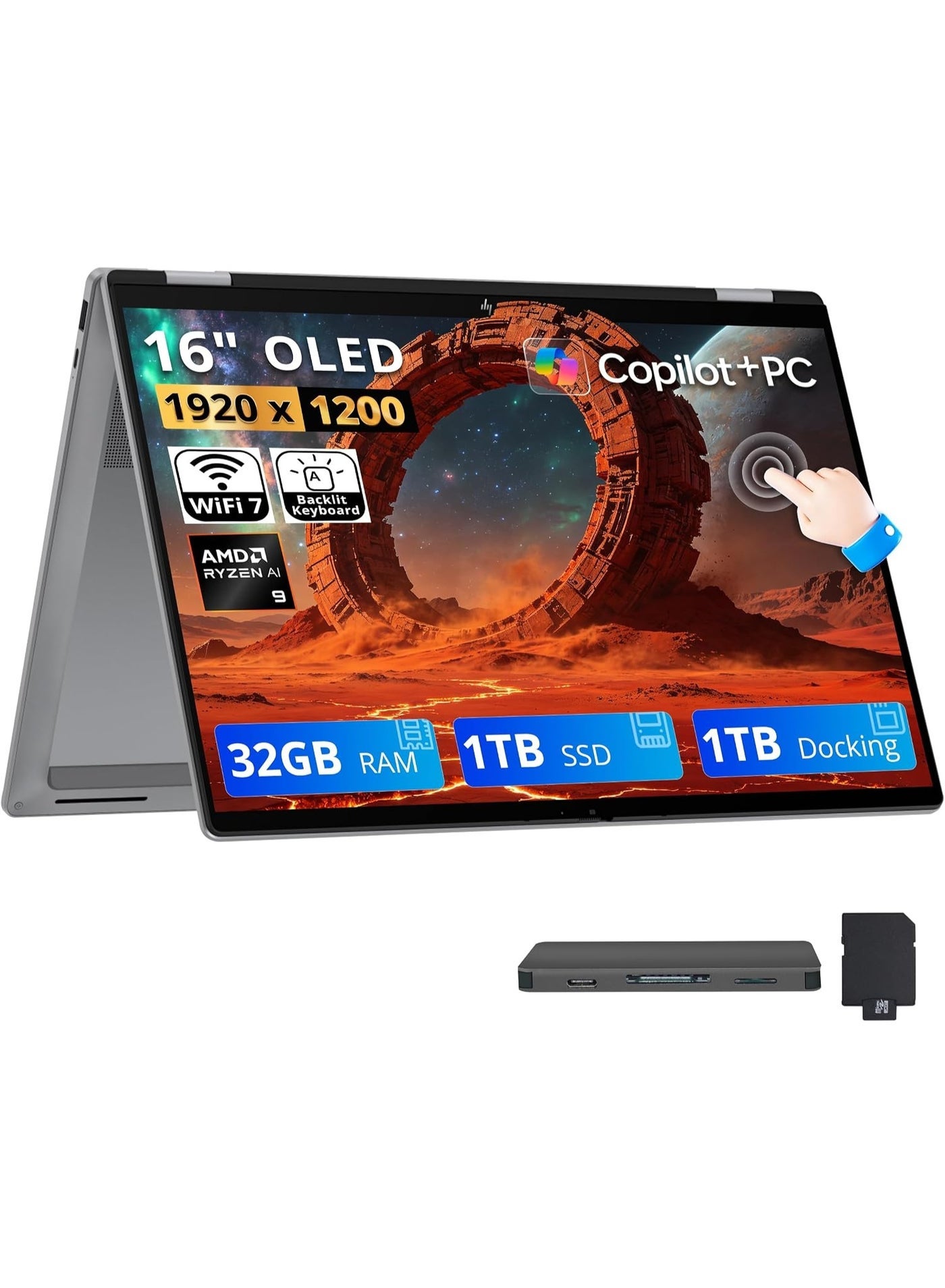 Compare HP OmniBook X Flip 2in1 16 FHD+ OLED Touchscreen Laptop, AMD Ryzen AI 9 465, 32GB LPDDR5X, 2TB Storage 1TB SSD+1TB Docking Station, Backlit Keyboard, Copilot+ PC, WiFi 7, Win 11, Silver English Silver at KSA Price