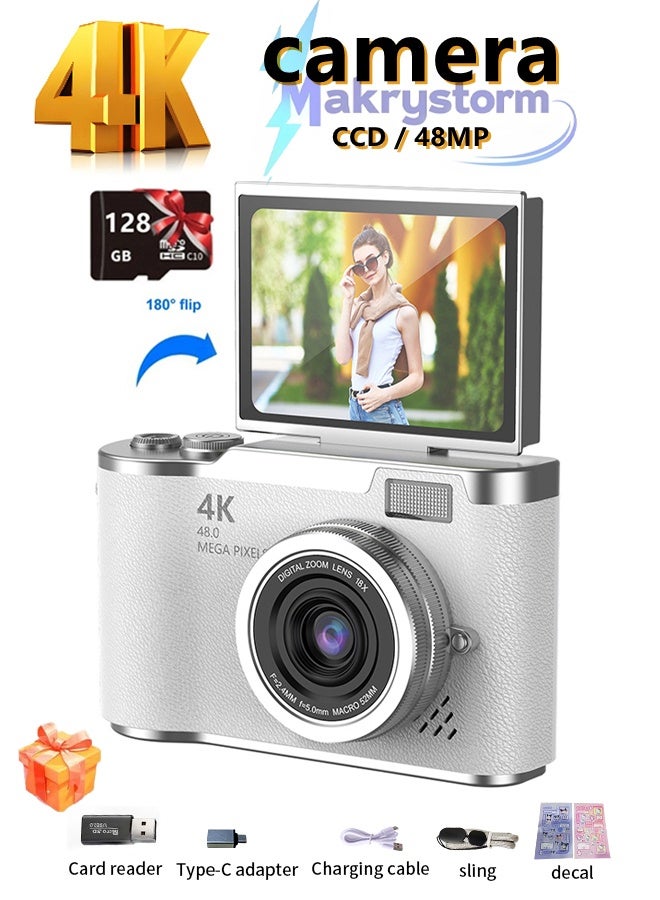 Compare 4k CCD Digital Zoom Student Digital Camera 48MP Portable Digital Photography Camera 180° Flip Screen Selfie Camera，with 128GB SD card at KSA Price