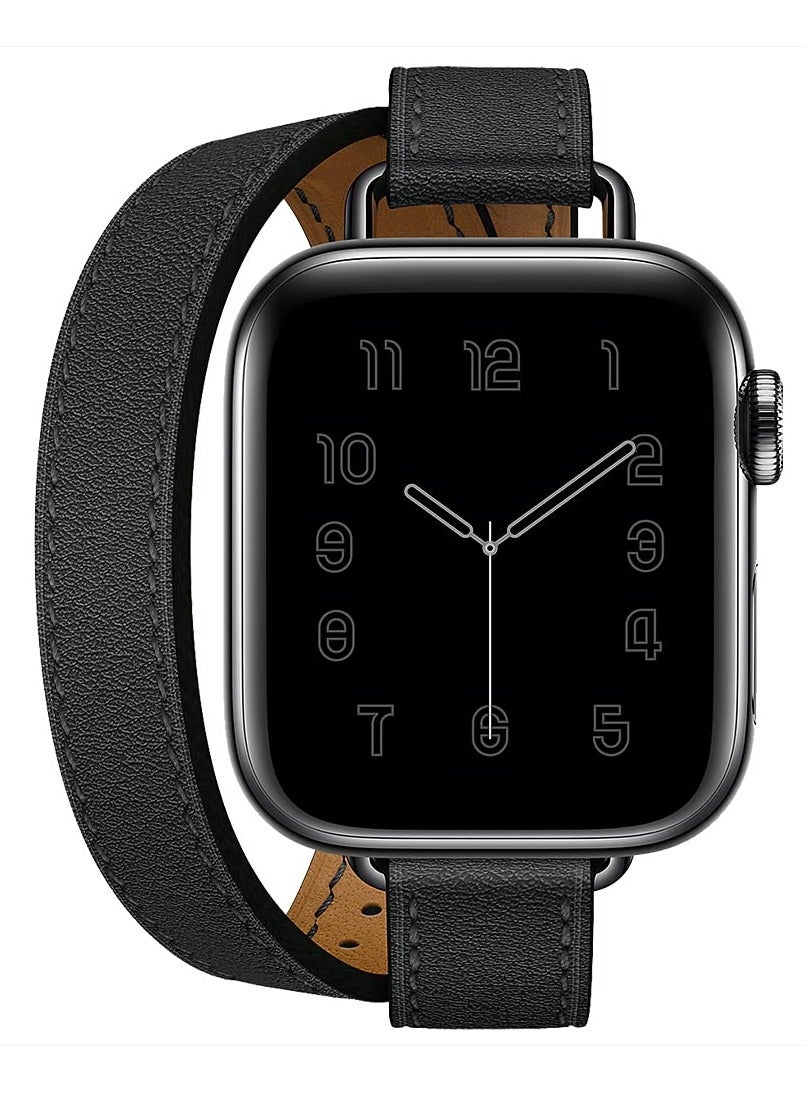 Compare Leather Women Double Tour Slim Wristband, Compatible with Apple Watch Band 384041mm 424445mm for iWatch SE Series 76543, Black at KSA Price