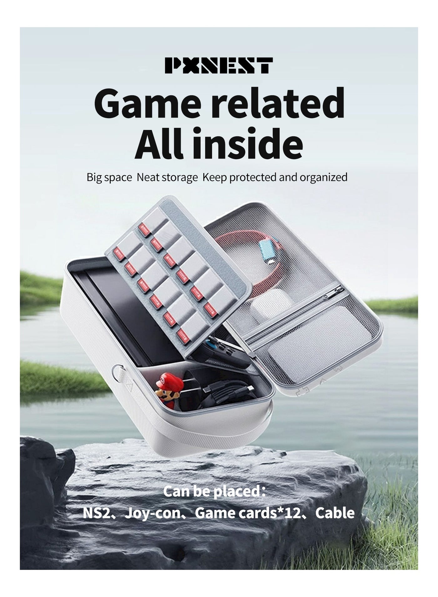Compare Switch 2 portable storage bag, large capacity, portable charger, builtin stand design, highhardness EVA material, sturdy and durable, 10 game card slots, white at KSA Price