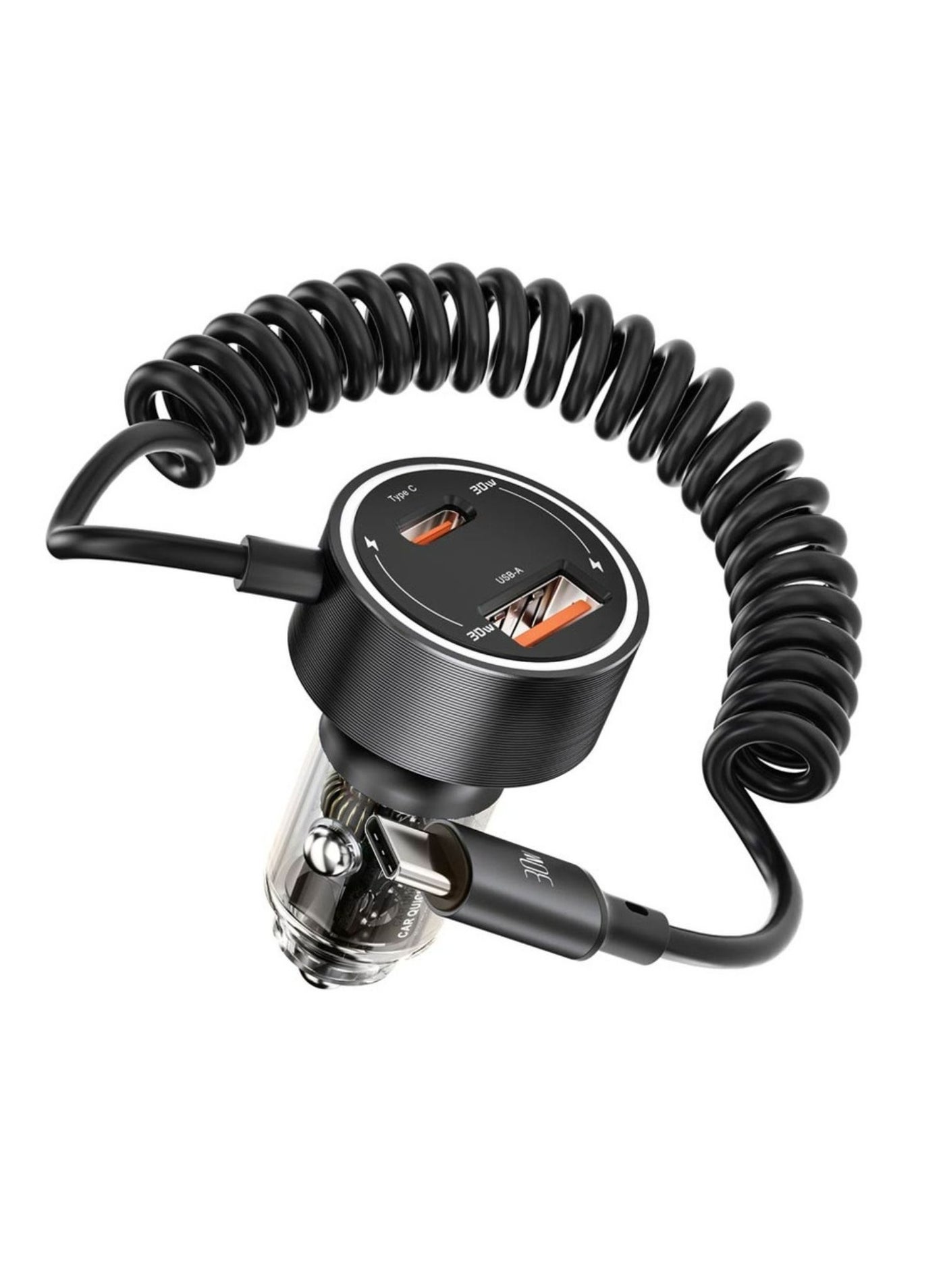 Compare 60W Transparent Dual Port Car Charger with PD 30W & QC 18W, Integrated TypeC Cable, Aluminum Alloy & PC Material, Universal Compatibility, Simultaneous Charging  Black at KSA Price