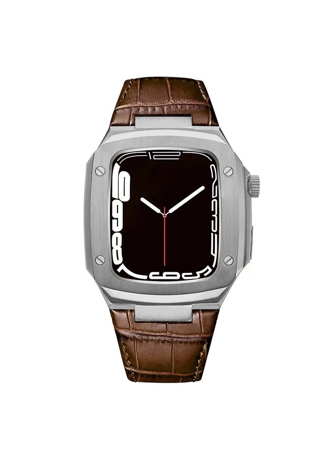 Compare Stainless Steel Case with Genuine Leather Watch Band For Apple Watch 44mm 45mm, Luxury Metal Protective Bumper Cover for Men Brown at KSA Price