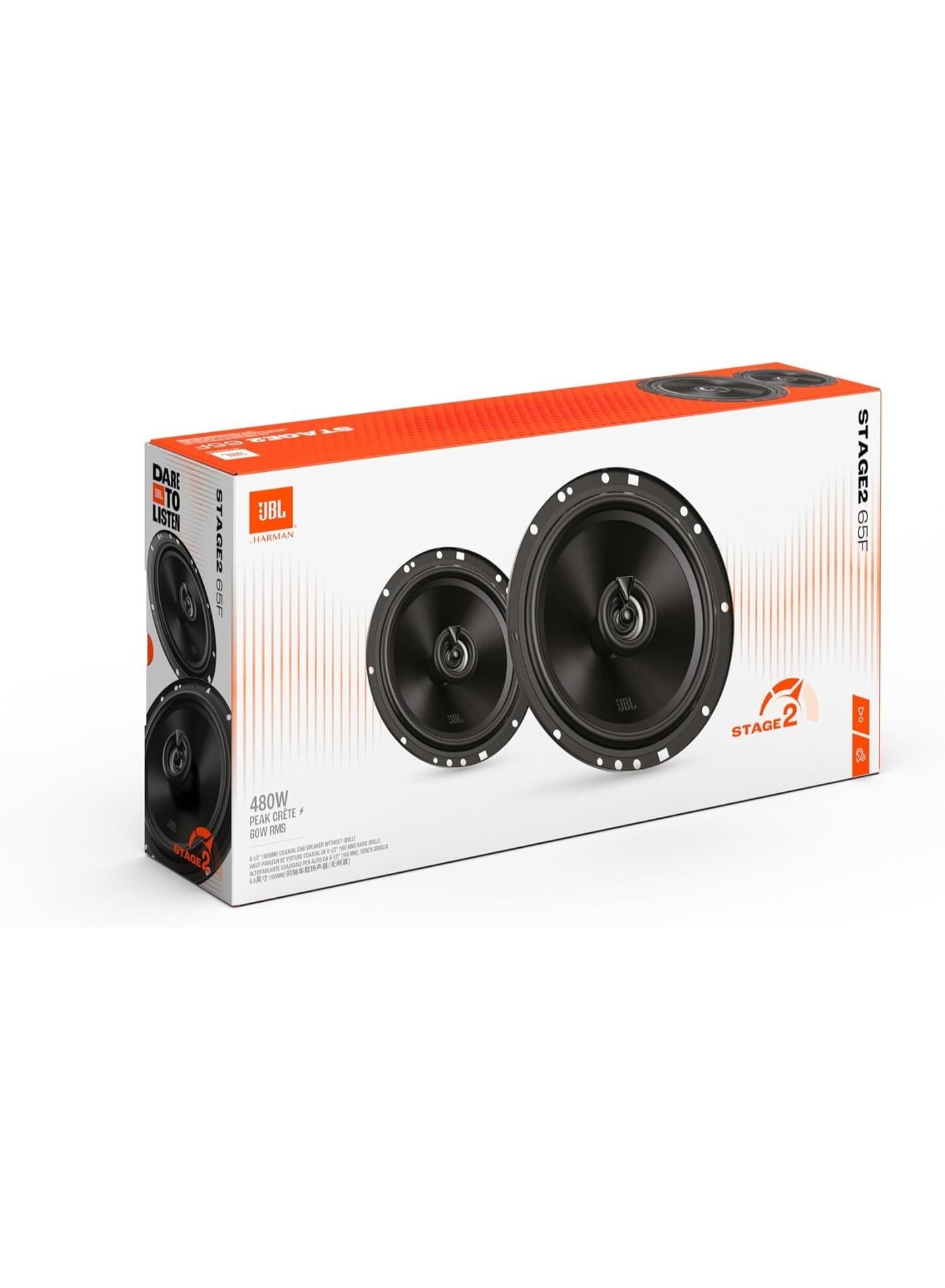 Compare JBL Stage2 65F 6.5 Inch 2Way Coaxial Car Speakers, 60W RMS, 480W Peak Power, 4 Ohm, 90dB Sensitivity, 55Hz–20kHz Frequency Response, Universal Car Audio Upgrade, Pair, Without Grilles at KSA Price