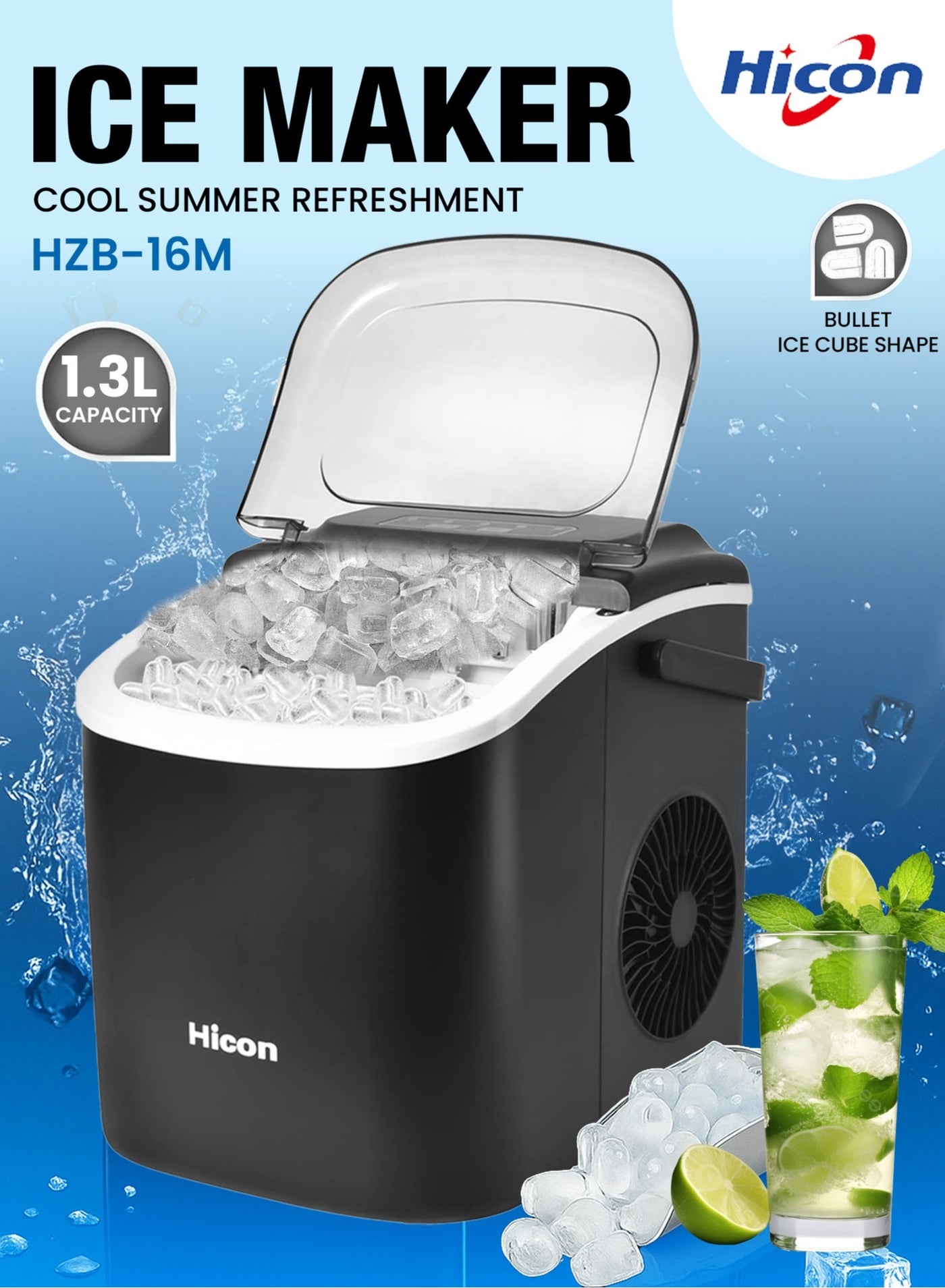 Compare Automatic Ice Maker, 15kg 24hrs Ice Production, Round lce Cube Shape,1.3 Liter Capacity With 613mins Ice Making, LED Display 6.2kg 110W for Home Kitchen, Bars, Coffee Shops, Restaurant HZB16MBlack at KSA Price
