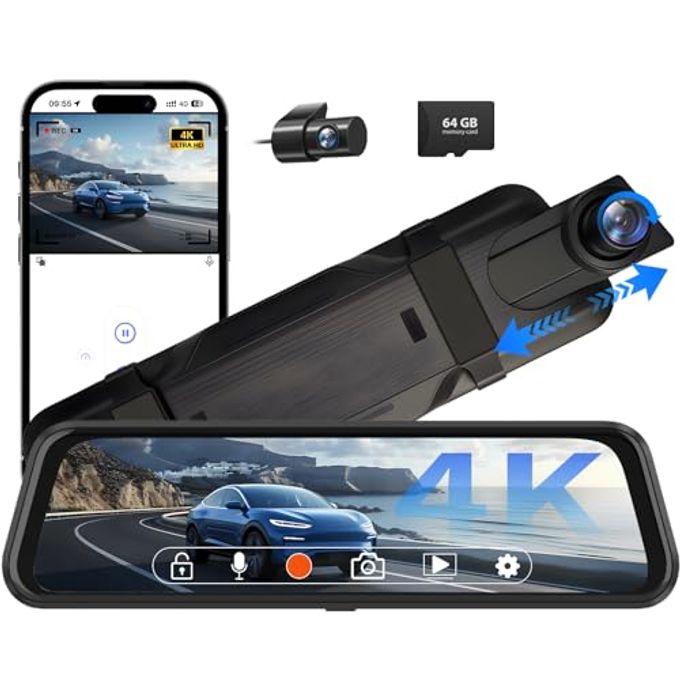Compare 4K Rear View Mirror Camera, 10 Mirror Dash Cam Front And Rear With 64Gb Card, Full Touch Screen Dash Cam With 1080P Backup Camera For Car With Reverse Assist,Wifi,App,Night Vision,Parking Monitor at KSA Price