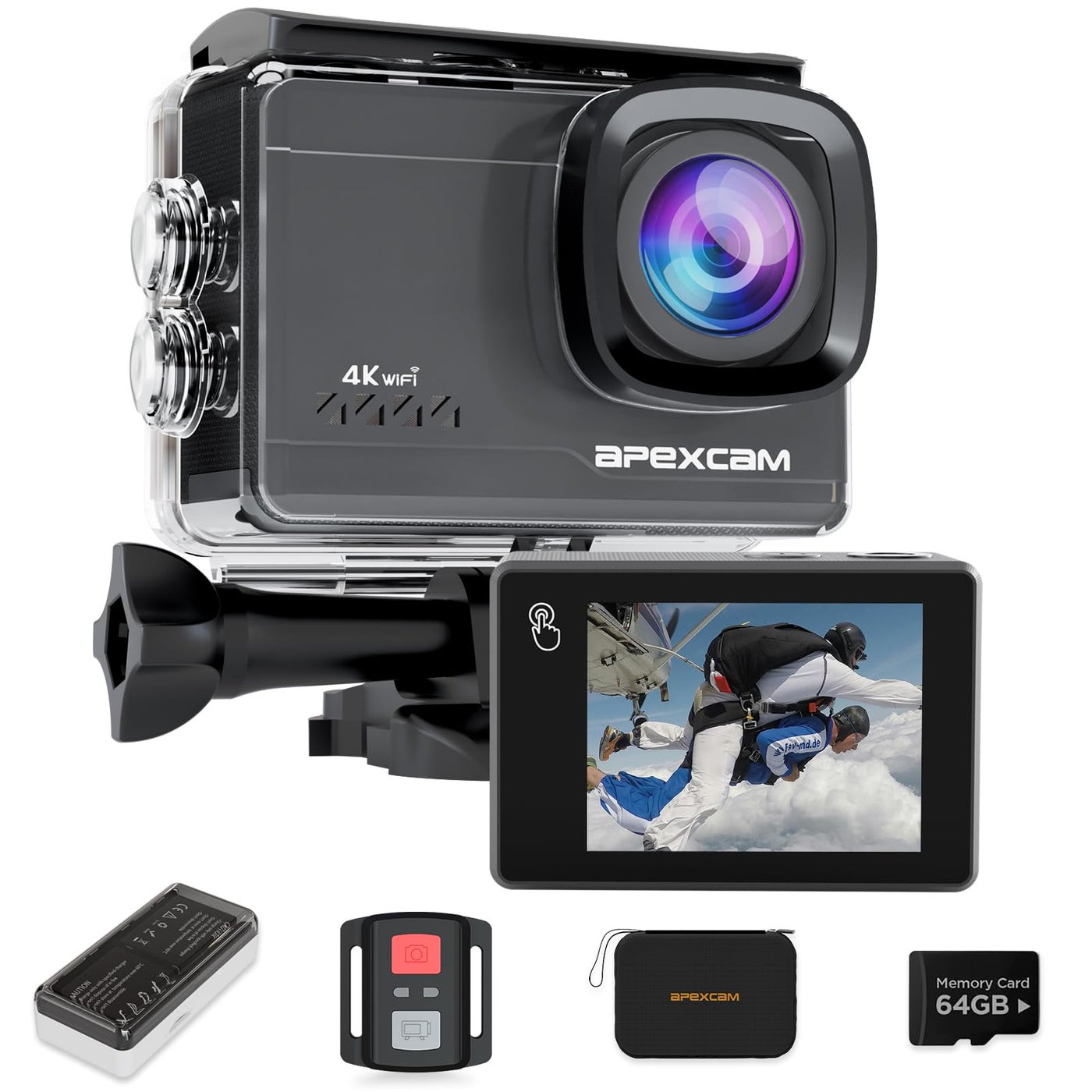 Compare Apexcam M90 Action Camera with 64GB Card Action Cam 4K60FPS 64MP WiFi EIS Image Stabilization with Touchscreen Underwater Camera 40m Waterproof 8X Zoom 2.4G Remote Control 2x1350mAh at KSA Price