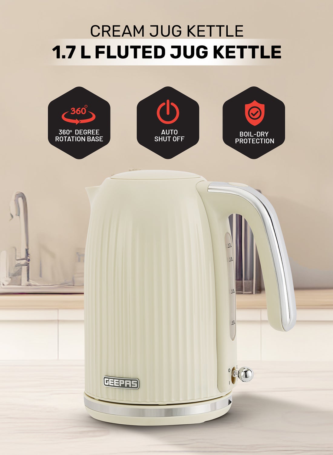 Compare 1.7 L Fluted Jug Kettle GK38068UKCR 360Degrees Rotation, Boil Dry Protection and Automatic CutOff Perfect for Boiling Water, Milk, Tea Removable and Washable Filter 1.7 L 3000 W GK38068UKCR Cream at KSA Price