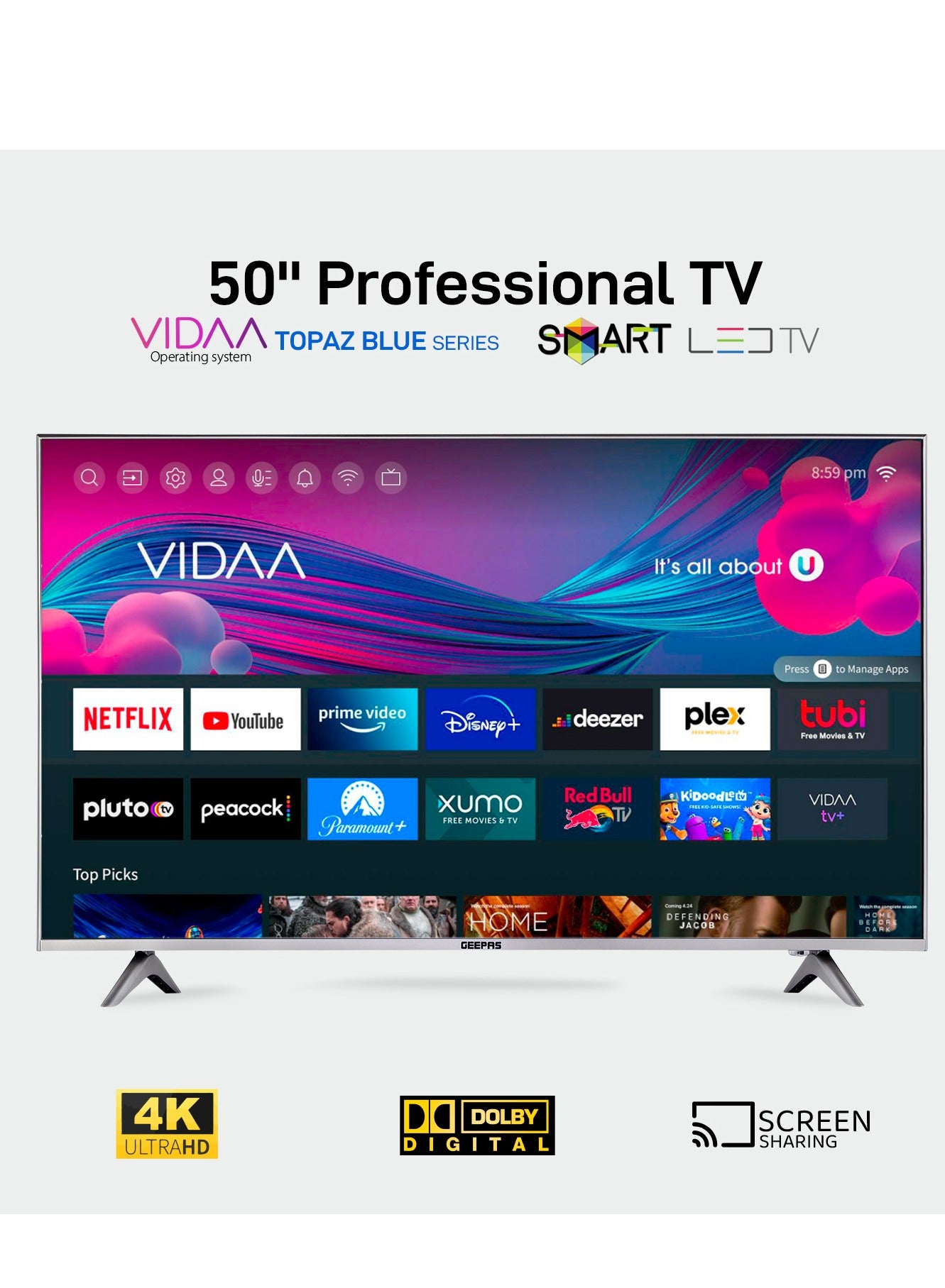 Geepas 50- Inch VIDAA 4K Ultra HD Smart TV…