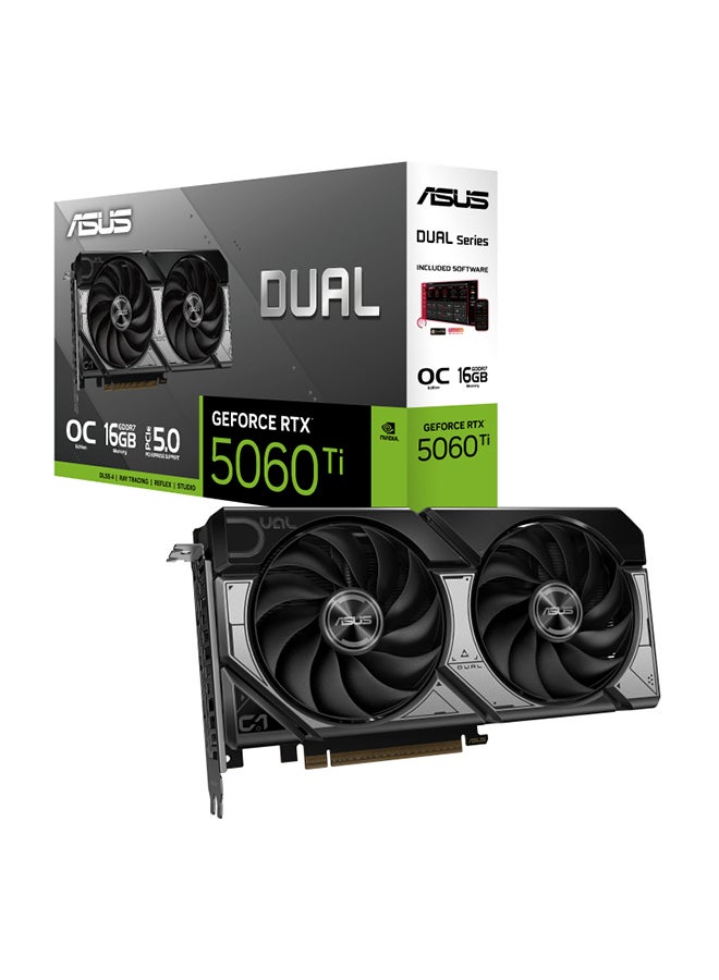 Compare Dual GeForce RTX 5060 Ti OC Edition 16GB GDDR7 Graphics Card, PCIe 5.0, 4608 CUDA Cores, 28Gbps, 128bit, 2632MHz OC Boost Clock, HDMI 2.1b x1, DisplayPort 2.1b x3, 8K@60Hz, AI 767 TOPS, Dual AxialTech Fans, 2.5Slot, SFF  at KSA Price