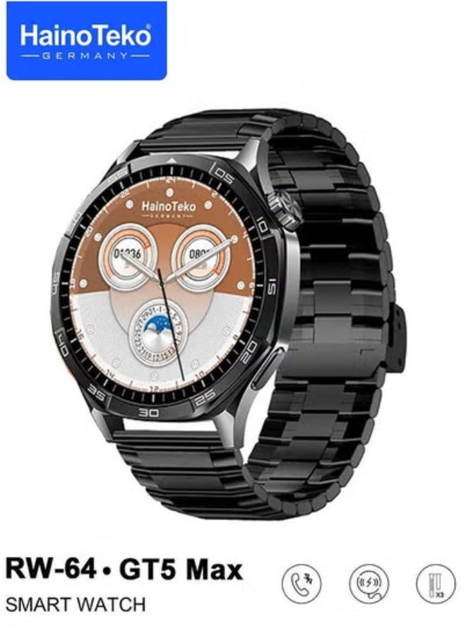 Compare RW64 GT5 Max Smartwatch for Men – Black Premium Smartwatch Featuring Large AMOLED Display with Vivid Colors, BuiltIn Voice Assistant for HandsFree Control, Fitness Tracking, Notifications, and Includes 3 Pair Straps for Ultimate Style Versatility at KSA Price
