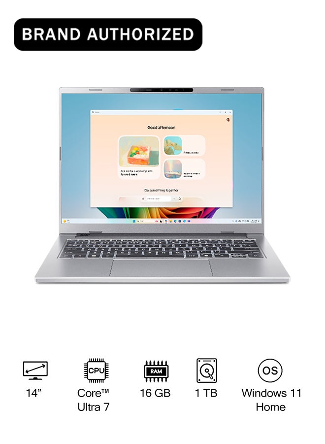 Compare Aspire A14 AI Laptop With 14Inch WUXGA Display, Core Ultra 7256V Processor16GB RAM1TB SSDIntel Arc 140V GraphicsWindows 11 Home English Pure Silver at KSA Price