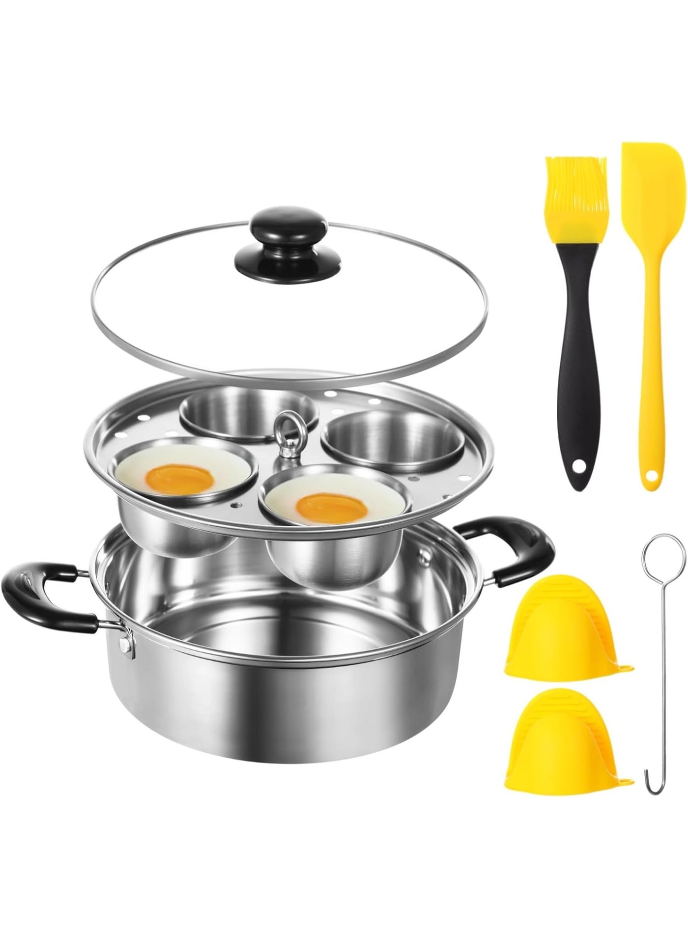 Compare Egg Poacher Pan Nonstick 4 Eggs, Poached Egg Cooker, Poached Egg Pan, Stainless Steel Egg Poacher, Includes Stainless Steel Pot, 4 Cups, Silicone Brush & Spatula, Suitable for Multiple Stove Types without coating at KSA Price