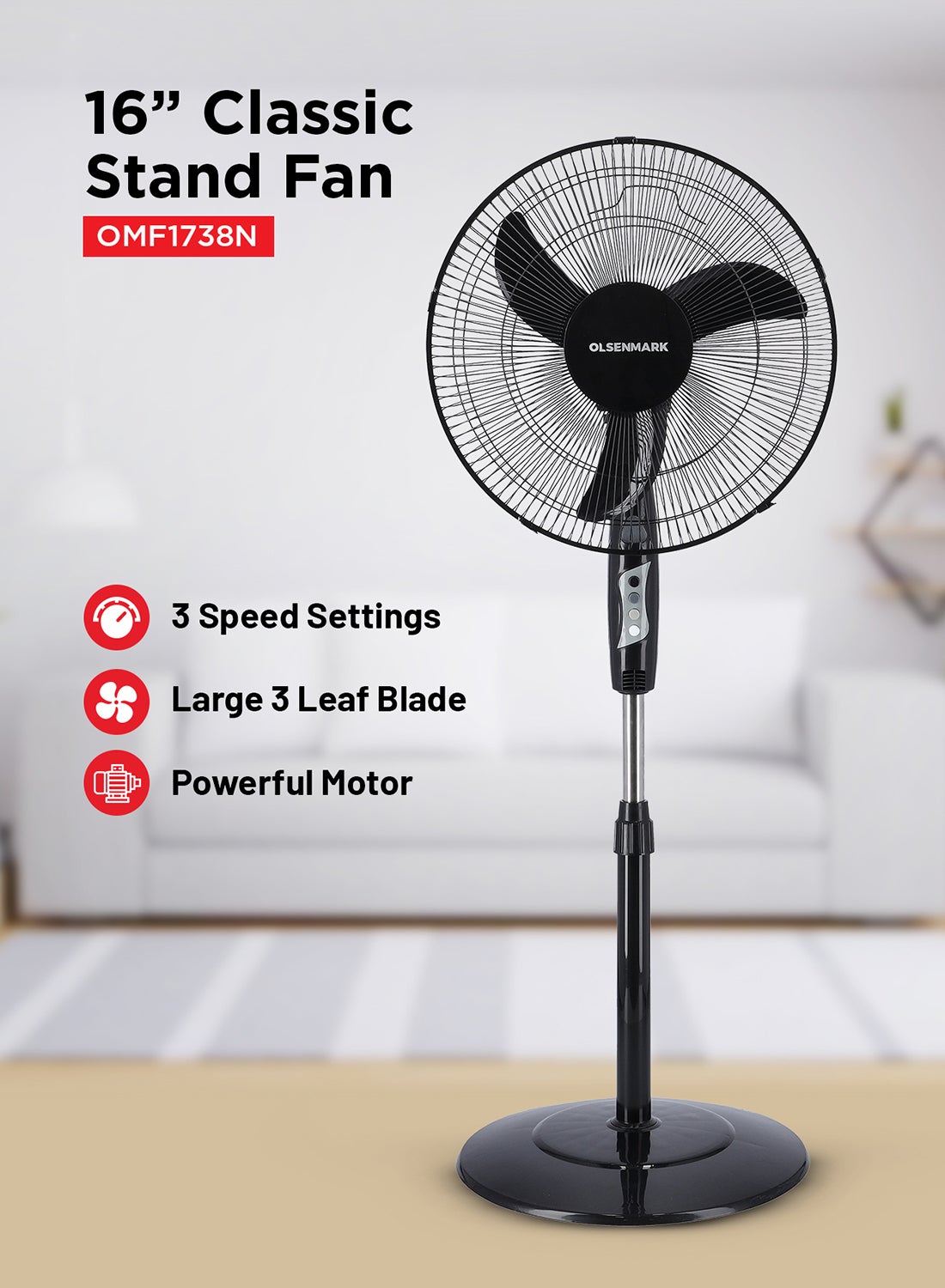 Compare 16Inch Stand Fan | Pedestal Fan with Adjustable Height Up to 1.25m, 3Speed Settings & Powerful 45W Motor | 3Blade Design, 75° Oscillation | HighSpeed Cooling for Home, Office & Garage 45 W OMF1738NH Black at KSA Price