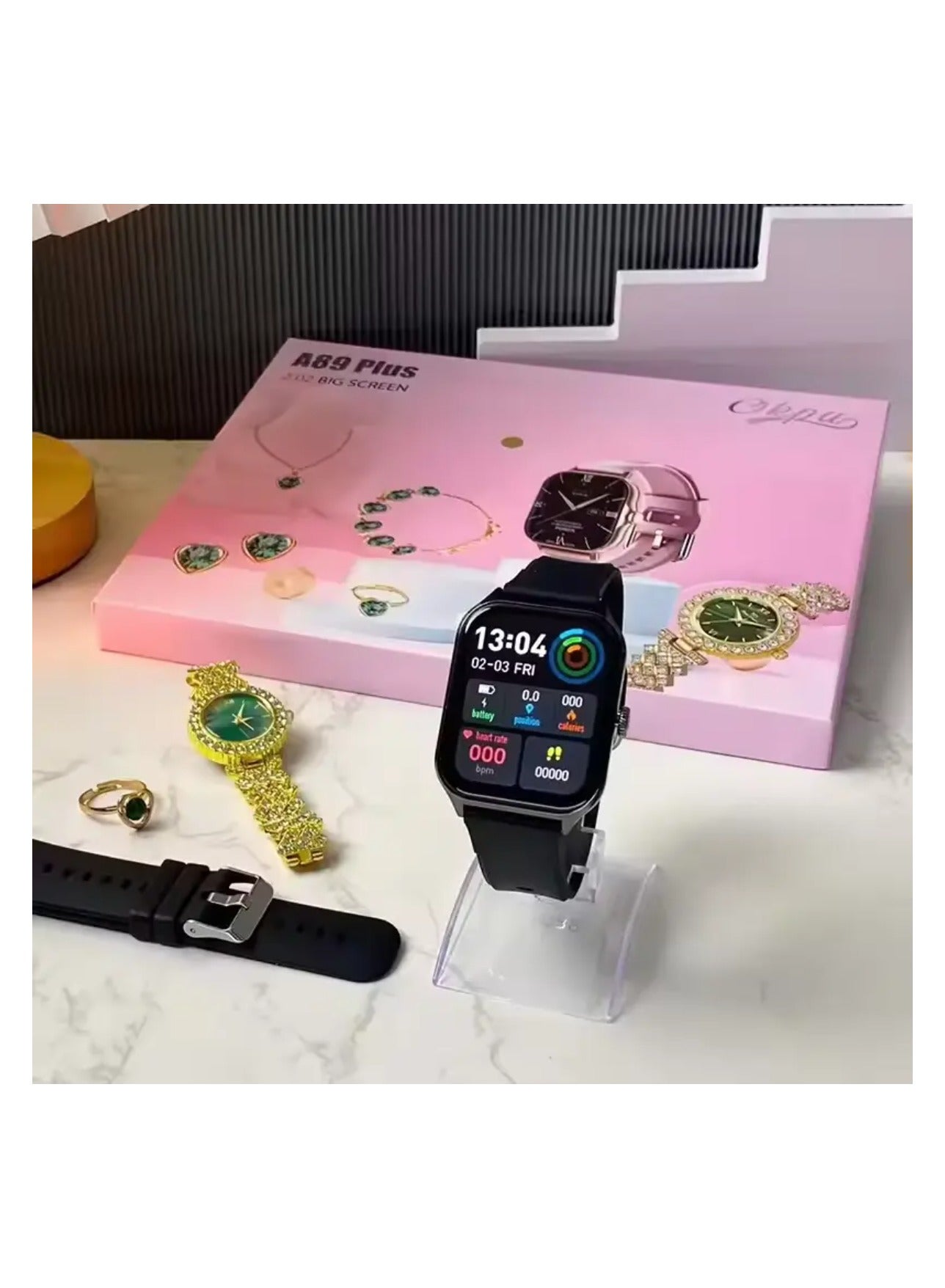 Compare 6 IN1 Smart Watch A89 Series Supports Bluetooth Call Ultra Long Endurance Sleep Monitoring + Additional Womens  Set Small Gold Watch Necklace Ring Earrings Bracelet Set Gift Box. at KSA Price