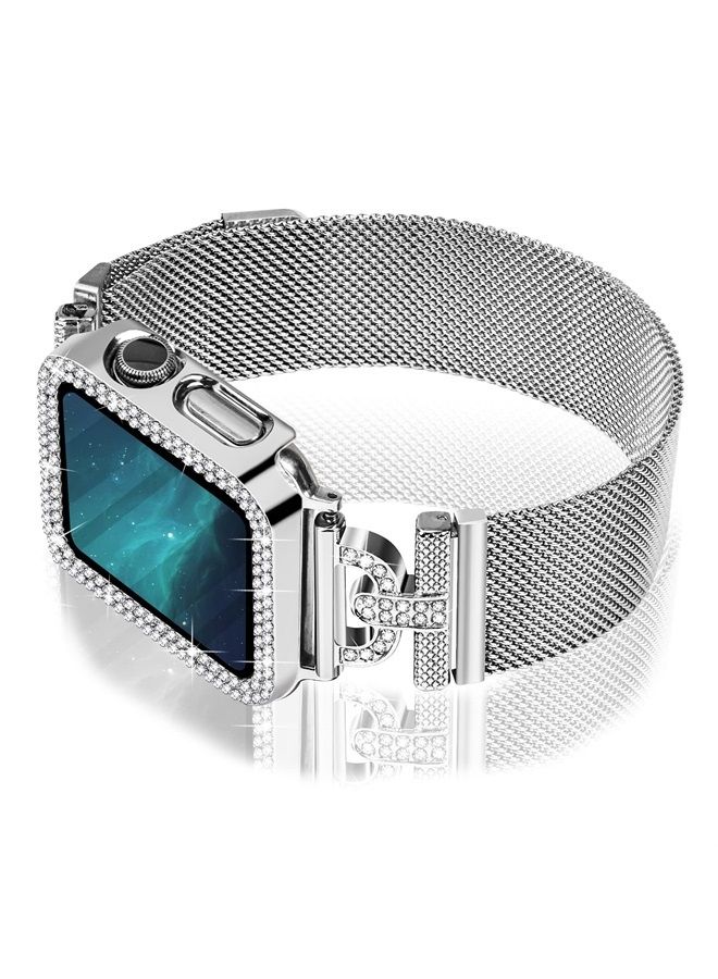 Compare Magnetic Band Compatible with Apple Watch Band 38mm 40mm 41mm 42mm 44mm 45mm Milanese Strap with Bling Case and Screen Protector, Dressy Stainless Steel iWatch Loop for Women Silver 45mm at KSA Price
