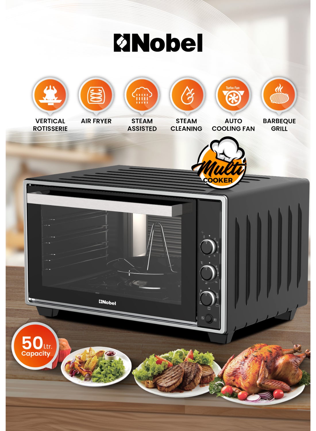 Compare Nobel 50L MultiCooker Oven with Adjustable Temperature Control, Turbo Fan, Barbeque Grill, and Steam Support NMC5500 Made In Turkey 50 L 1400 W NMC5500 black at KSA Price