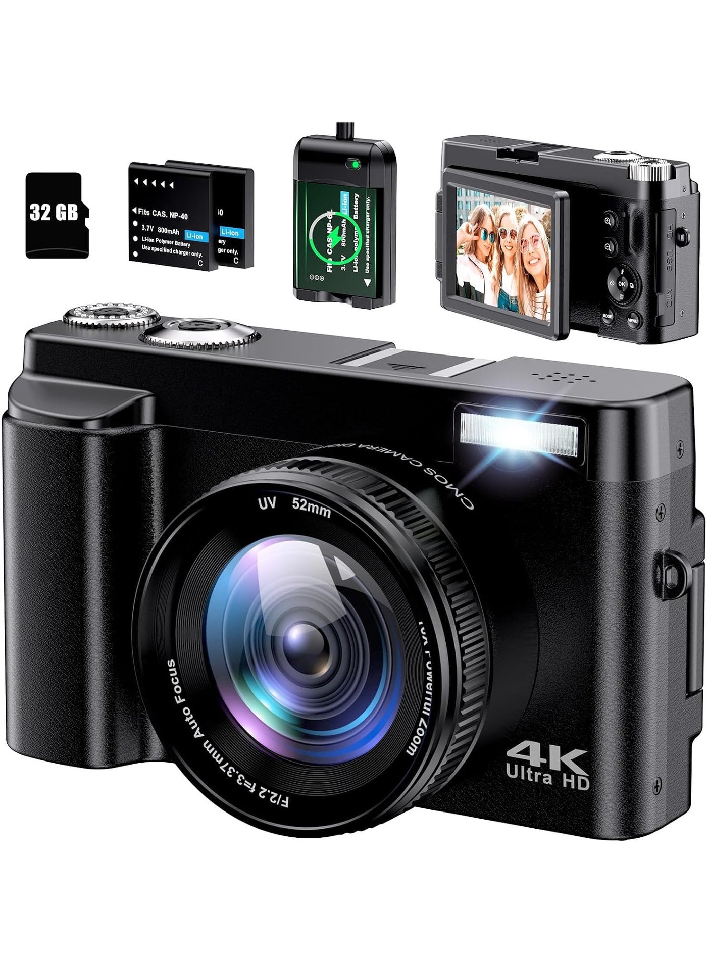 Compare YOUWE7 4K Digital Camera for Photography Autofocus 48MP 4K Camera with SD Card, 180° 3.0 inch Flip Screen Vlogging Camera for YouTube Video Compact Cameras with 16X Digital Zoom, AntiShake, 2 Batteries at KSA Price