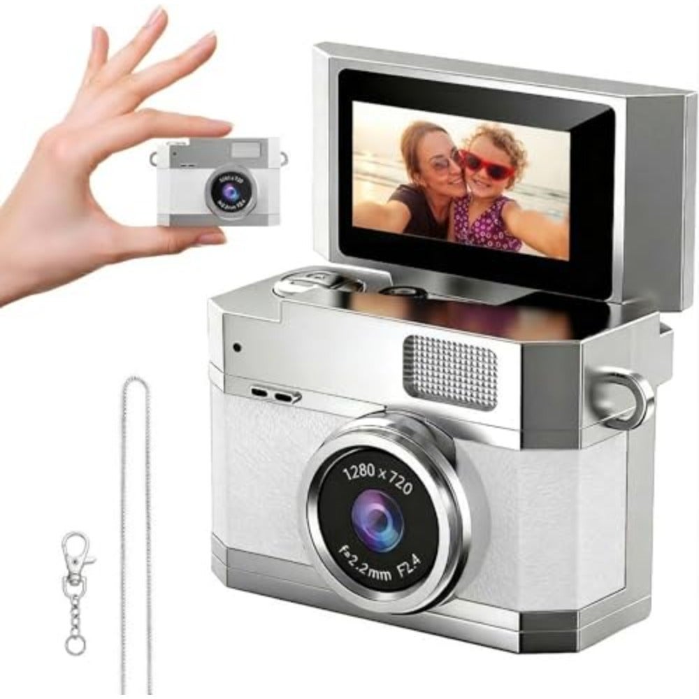 Compare Mini Keychain Digital Camera White  HD Mini Digital Camera with 0.96 Flip Screen and 32GB Card, Portable Wearable Keychain Camera for Bag Charm, Necklace Pendant, Selfie, Travel, and Vlogging at KSA Price