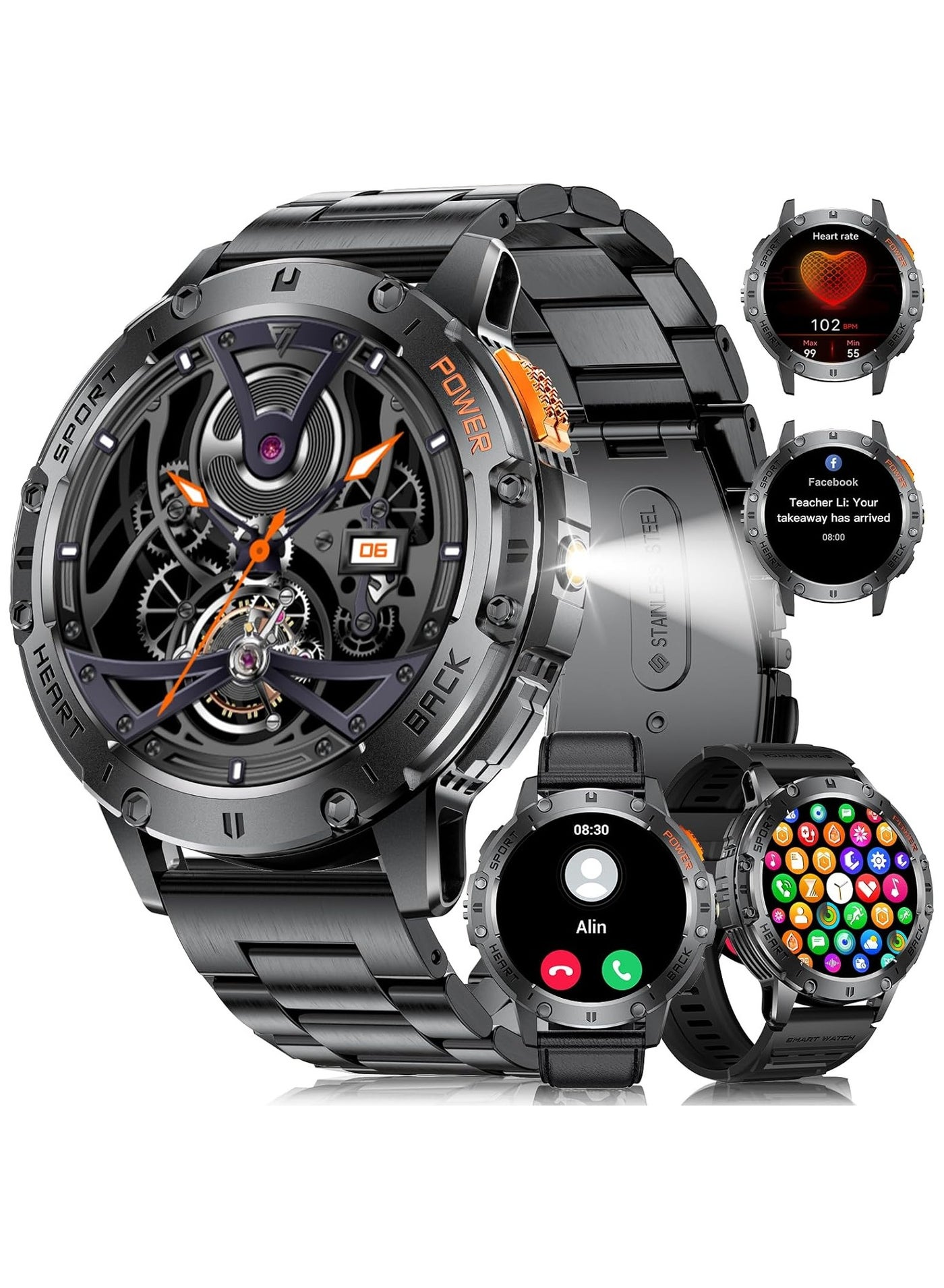Compare Military Smart Watches for MenAnswerMake Calls with LED Flashlight,530mAh Large Battery,1.43 AMOLED Heart RateSleep Monitor 5ATM Waterproof Smartwatch for Android iOS,100+Sport Modes,3 Straps at KSA Price