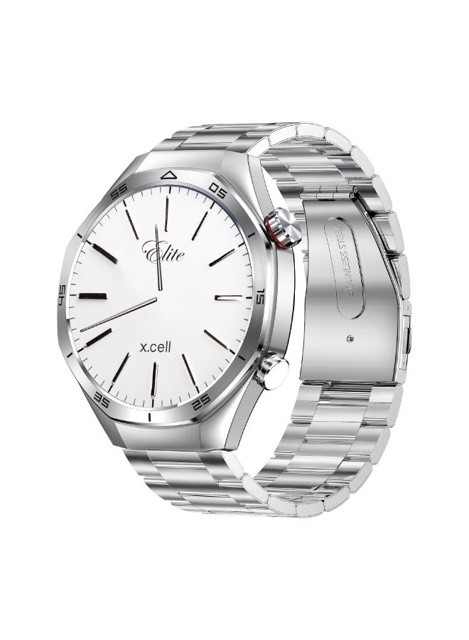 Compare Xcell Elite7 Smartwatch, 1.52 HD Display, Bluetooth Calling, Wireless Charging, HeartRateBPSpO?, Multi Language, IP67, 7 Days Battery, iOSAndroid Compatible Silver Frame with Silver Metal Strap at KSA Price
