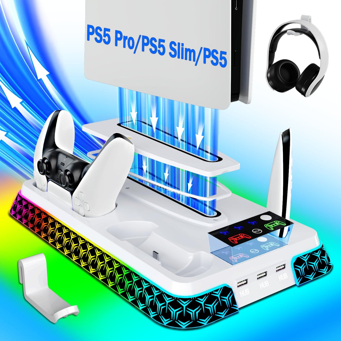 Compare PS5SlimPro Stand and Cooling Station with LED Controller Charging Station for PlayStation 5 Console,Accessories Incl.Controller Charger,PS5 Cooling Fan,Headset Holder,3 USB Hubs star trianglewhite at KSA Price