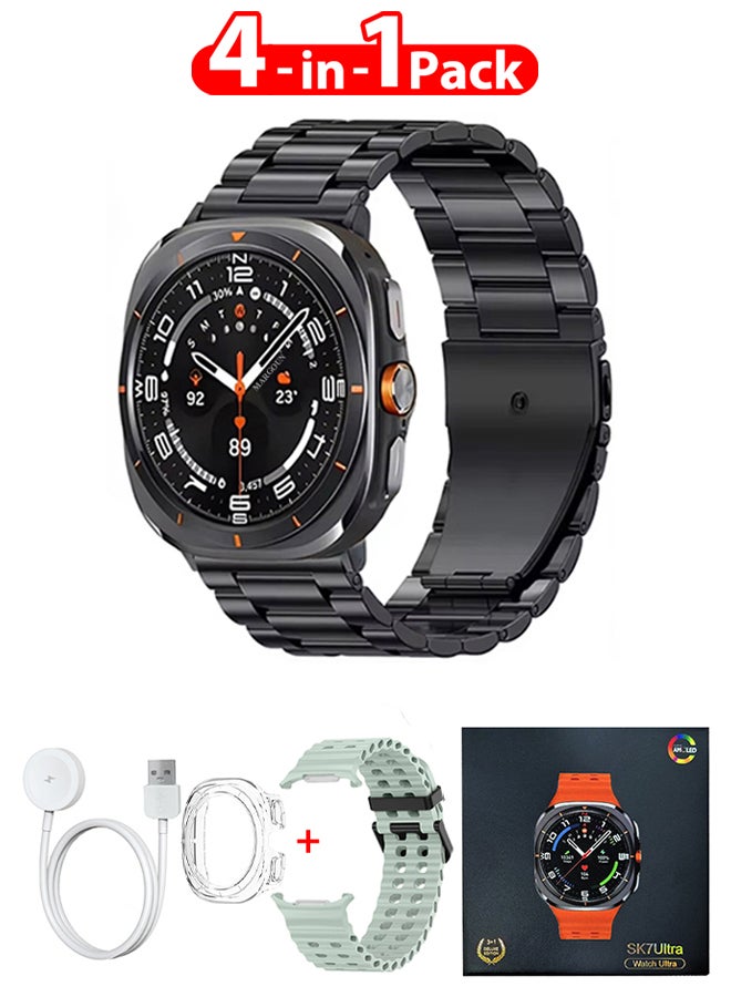 Compare SK7 Ultra Smartwatch Bundle With Accessories Including 1 Black Stainless Steel Band 1 Light Green Silicone Band a Charging Cable and a TPU Case Protector Light Green at KSA Price