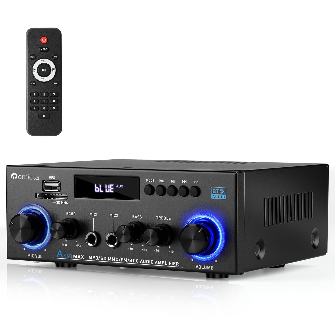 Compare Romicta Stereo Audio HiFi Amplifier, 800W Bluetooth Amplifier 5.0, 2 Channels 12V230V, LCD Display, SDUSB, FM Radio, Compatible with Active subwoofer and passive speakers at KSA Price
