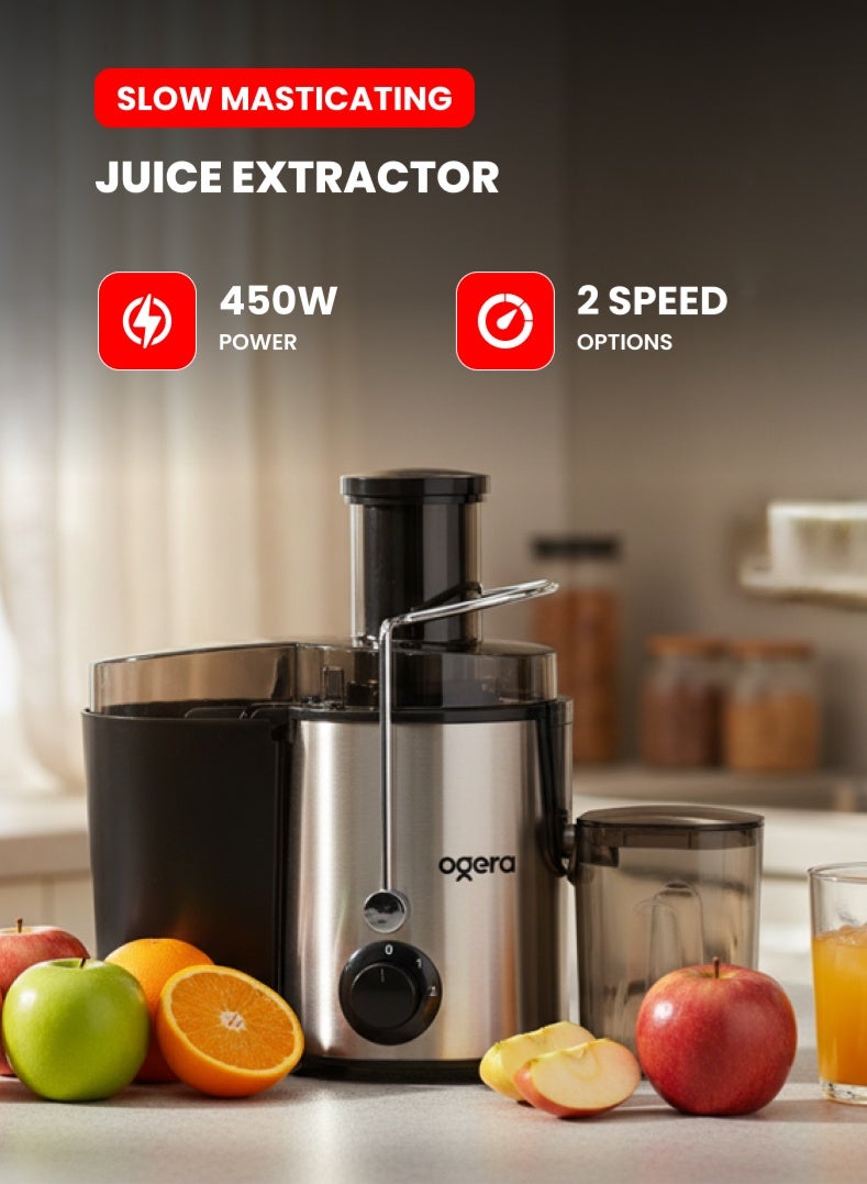 Compare Juicer Machine 450W | Power Juice Extractor for Fruits & Vegetables | Dual Speed Juicer | Stainless Steel Body | Fast Juice Maker | OG1650JE Silver at KSA Price