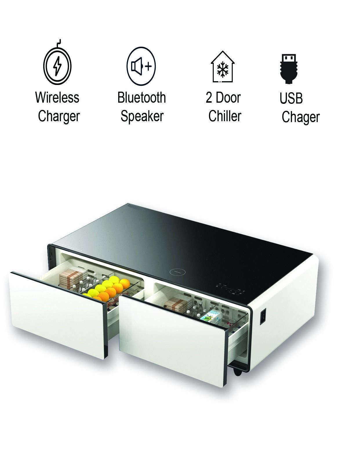 Compare Smart Minibar Coffee Table with BuiltIn Wireless Charger, Fridge, Bluetooth Music System, And USB Charger  Modern And MultiFunctional at KSA Price