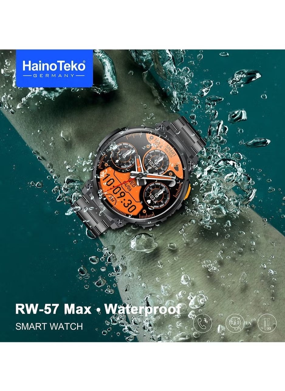 Compare RW57 Max Waterproof Smartwatch with Large Screen AMOLED Display, Builtin Flash Light, 3 Pair Interchangeable Straps, and Charging Cable – Designed for Men, Fitness Tracker & Health Monitor at KSA Price