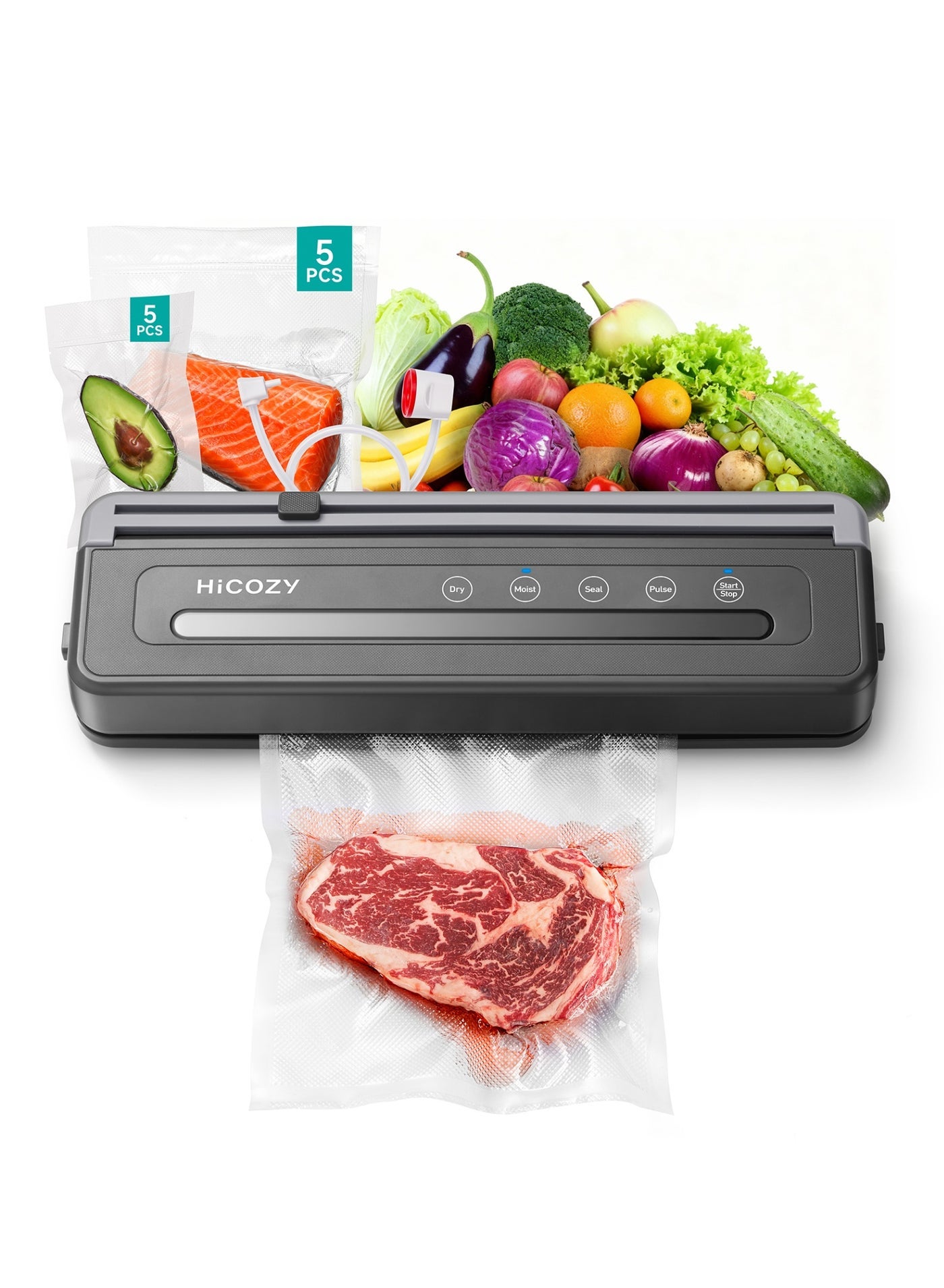 Compare HICOZY Compact Vacuum Sealer for Food, 5in1 Functions Vacuum Sealer with Detachable Drip Tray, Double Heat Seal, Builtin Cutter, 10 BPAFree Bags, Space Gray at KSA Price