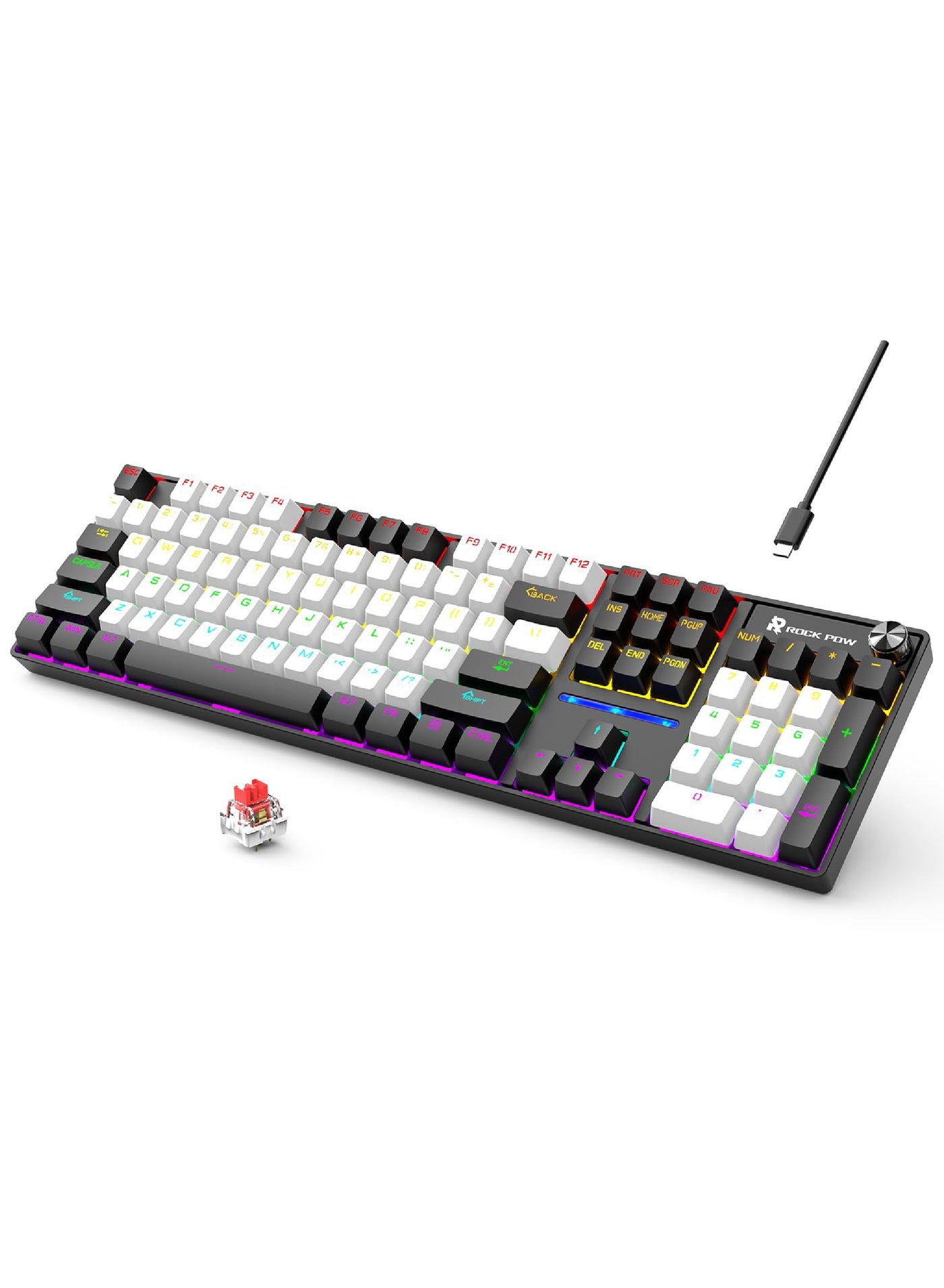 Compare ROCK POW Wired Gaming Keyboard English 104 Keys Mechanical Keyboard with RGB Backlit 19 Modes, Media Control Knob, PBT Keycaps for PC Gaming and Working Red Switch at KSA Price