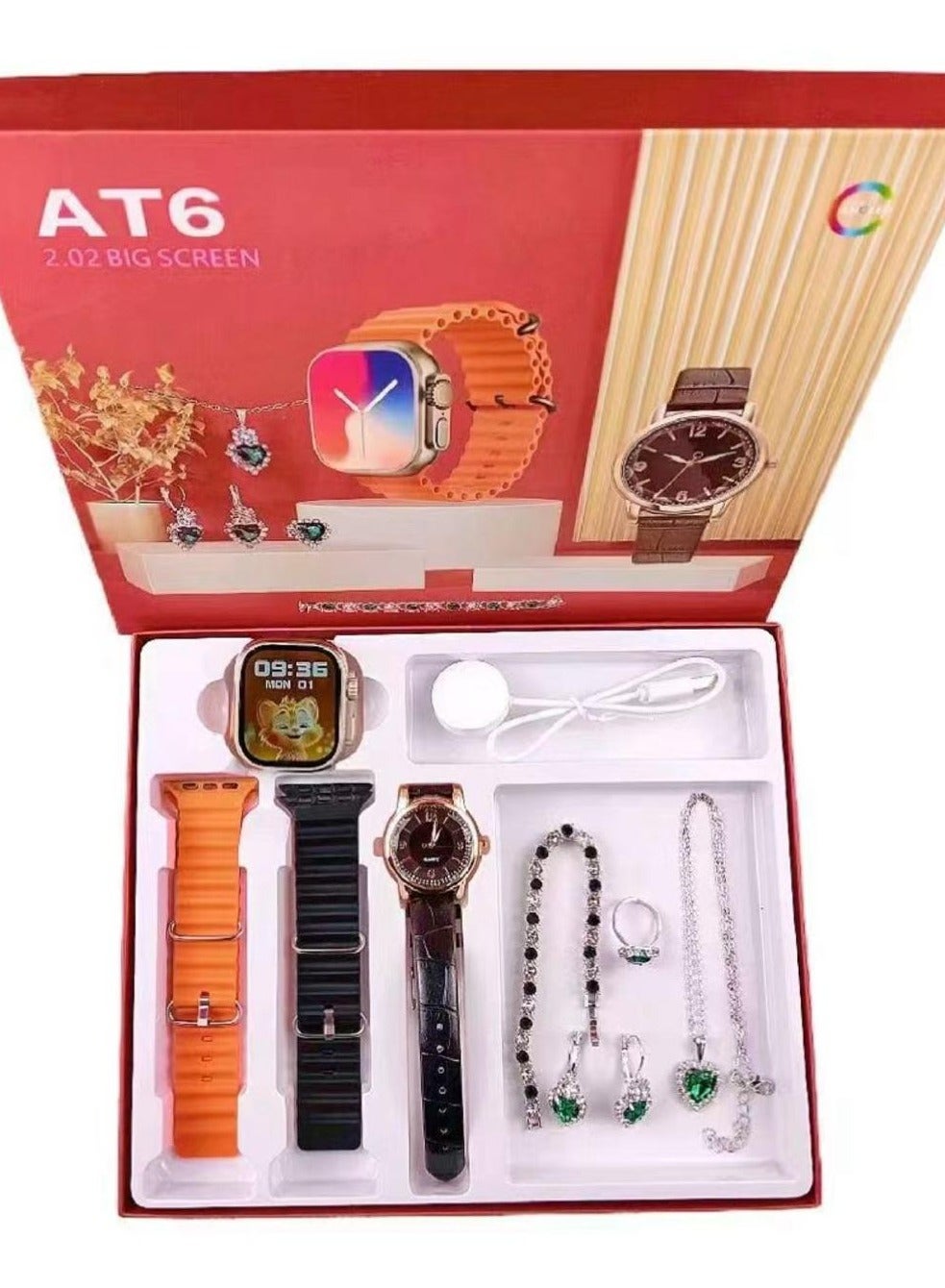 Compare AT6 Premium AMOLED Smart Watch – Big Screen Ladies Edition with Jewellery Strap & Gift Set at KSA Price