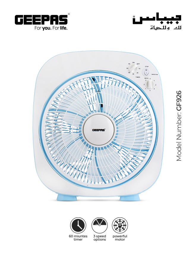 Compare 12 Inch High Performance Box Fan With 3speed Controls and 5 Leaf Blades, Adjustable Pitch Angle and Timer for Efficient Cooling GF926 BlueWhite at KSA Price