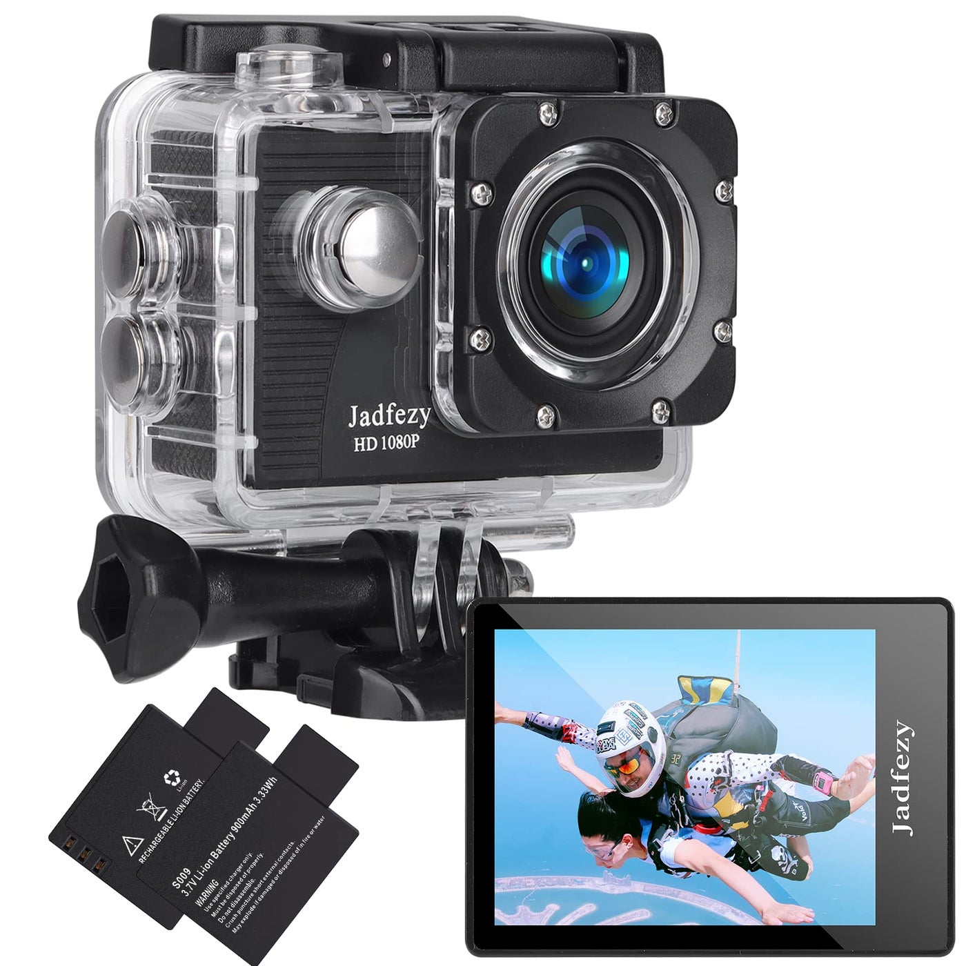Compare Jadfezy Action Camera FHD 1080P 12MP, 98FT30M Underwater Waterproof Camera with 2 Batteries, Wide Angle Sports Camera with Accessories Kit Suitable for Helmet, Bicycle, etc. at KSA Price