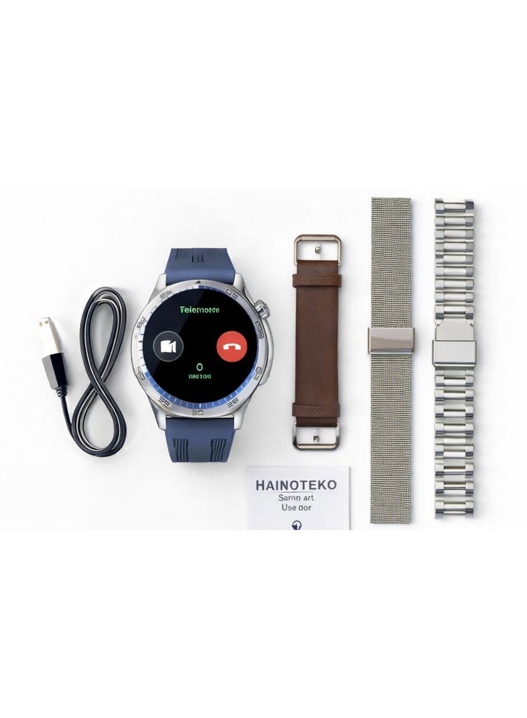 Compare HainoTeko 33 AMOLED Smart Watch BT Call 15 Days Battery Waterproof With 3 Straps Silver Blue at KSA Price
