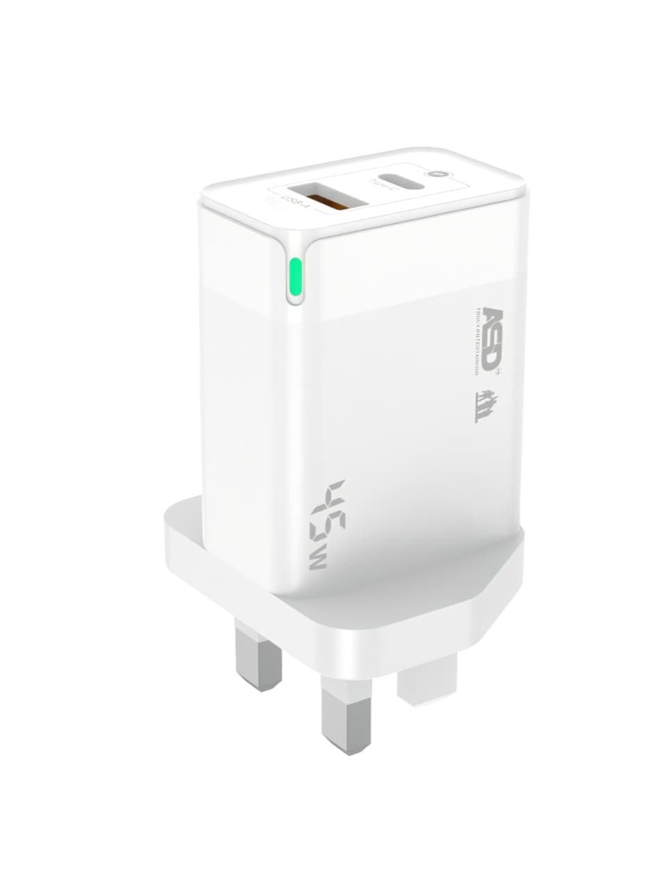 Compare ASD Blaze 45W GaN Fast Charger ASD05 | Dual USBC + USBA Ports | Power Delivery PD 3.0 & QC 4+ | Compact HighSpeed Wall Charger | MultiProtection | White at KSA Price