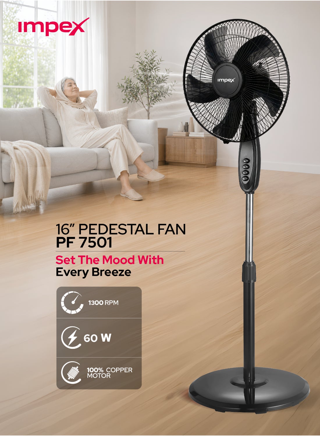 Compare 16 Inch Pedestal Fan PF 7501, 60W Powerful Cooling Fan, 3 Speed Control, Wide Oscillation, 5 Blade Design, Strong Aluminum Motor, Round Base, Easy Button Control, 220240V, 2 Year Warranty 60 W PF 7501 Black at KSA Price