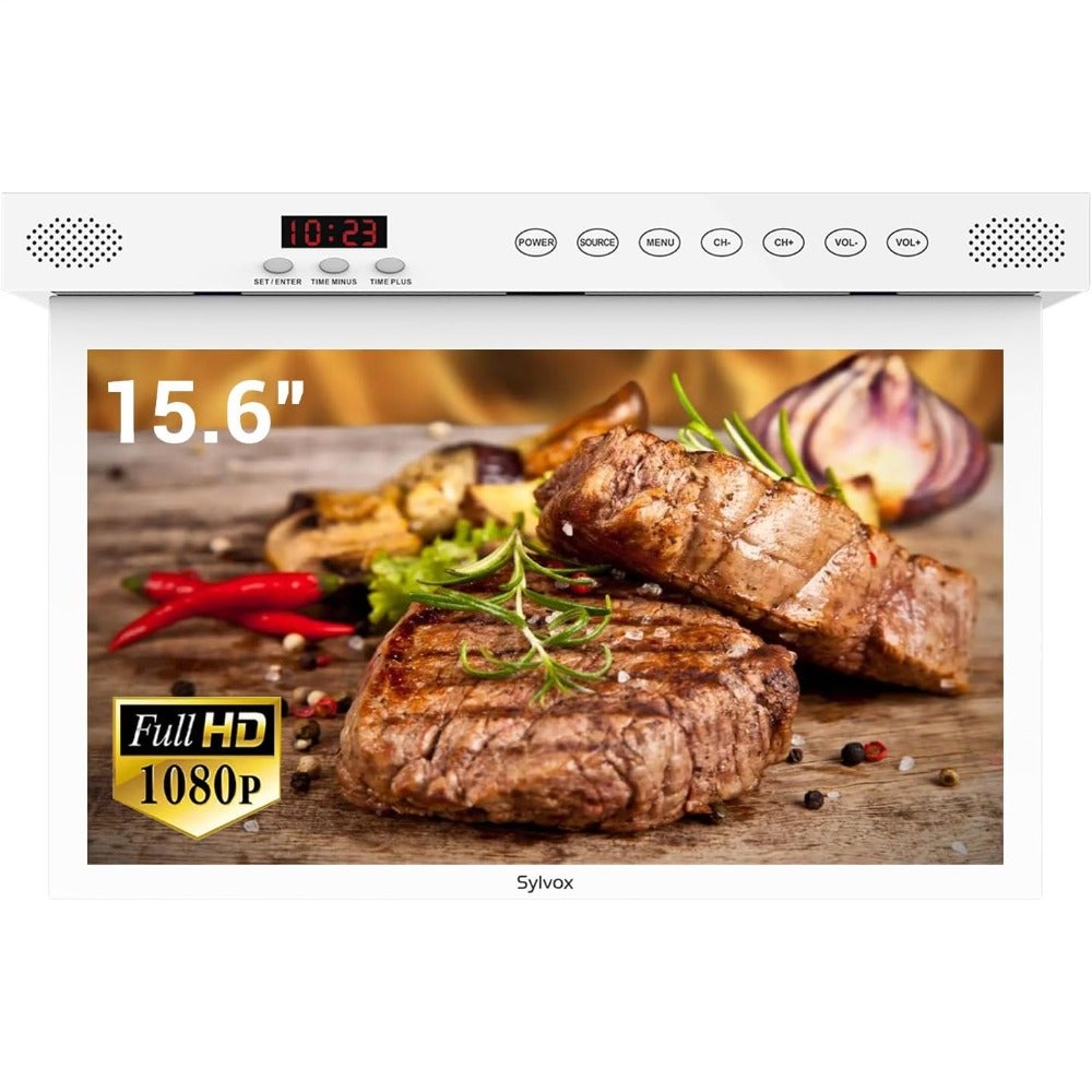 Compare 15.6 Inch Smart TV for Kitchen: 1080P under cabinet TV, rotatable foldable spacesaving design, white ABS plastic, 12V DCAC powered, builtin timer, Google Assistant support, flipdown mount for kitchen, bedroom, caravan at KSA Price