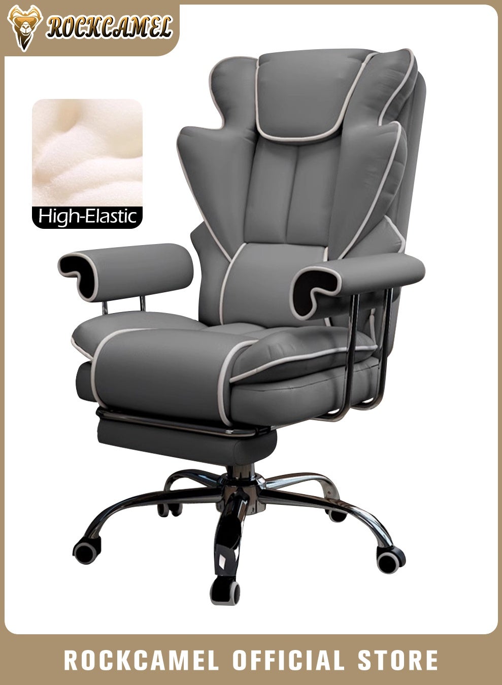 Compare Ergonomic Gaming ChairOffice Chair With Retractable Footrest, Steel Silent Caster Base, High Back Super PU Leather Boss Chair with Head&Lumbar Support Suitable for Home or Office Grey at KSA Price