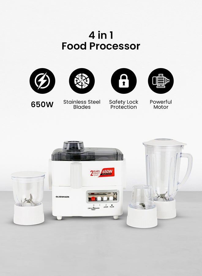 Compare 4In1 Juicer Blender  Food Processor with Stainless Steel Blades, Overheat Protection & Safety Lock, Durable & Easy to Use and 2 Speeds with Pulse Function 1.8 L 650 W OMSB2137J White at KSA Price