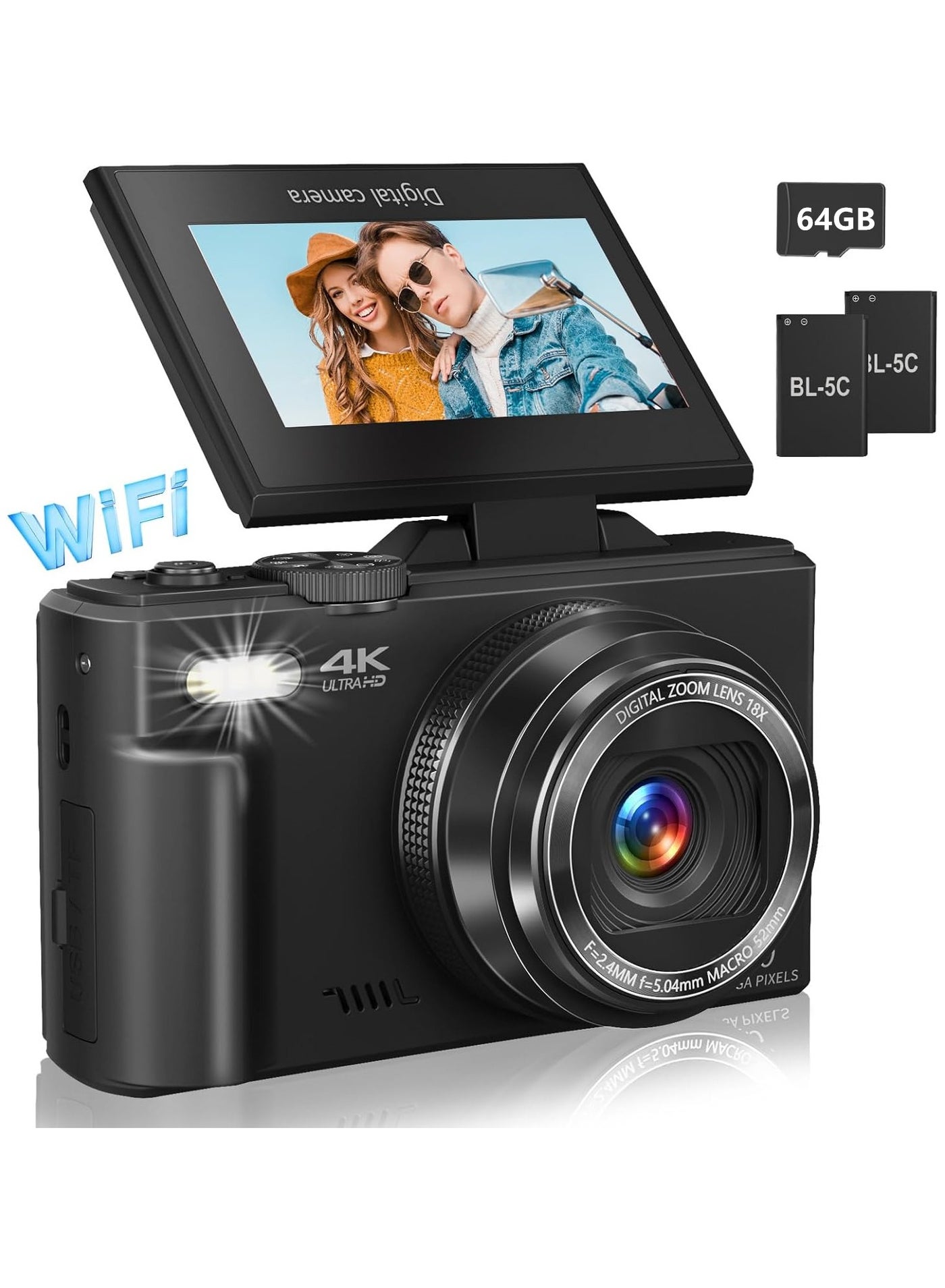 Compare 4K Digital Camera for Photography, WiFi 64MP Autofocus Vlogging Camera for YouTube with 3 180°Flip Screen, 18X Digital Zoom Compact Vlog Travel Camera with 2 Batteries, 64G SD Card, Black at KSA Price