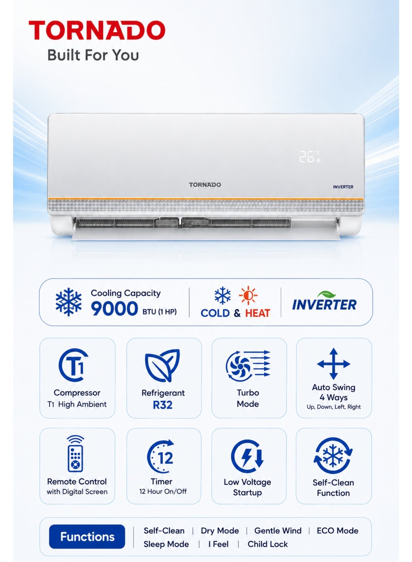 Compare 1 HP Split Air Conditioner 9000 BTU, Inverter Technology, Cooling & Heating, Turbo Mode, EcoFriendly R32, Golden Fin Coating, 4Way Swing, Digital Display, White  TYX09BHM  1Year Free Warranty at KSA Price