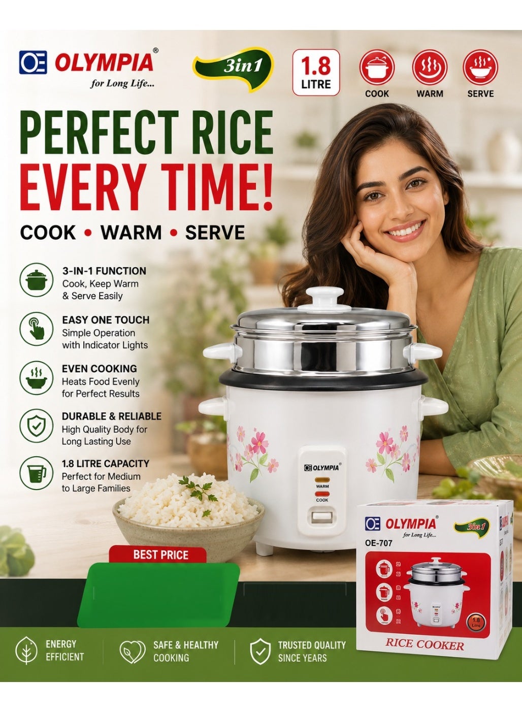 OLYMPIA 1.8L Automatic Rice Cooker with 3-in-1 Cook…