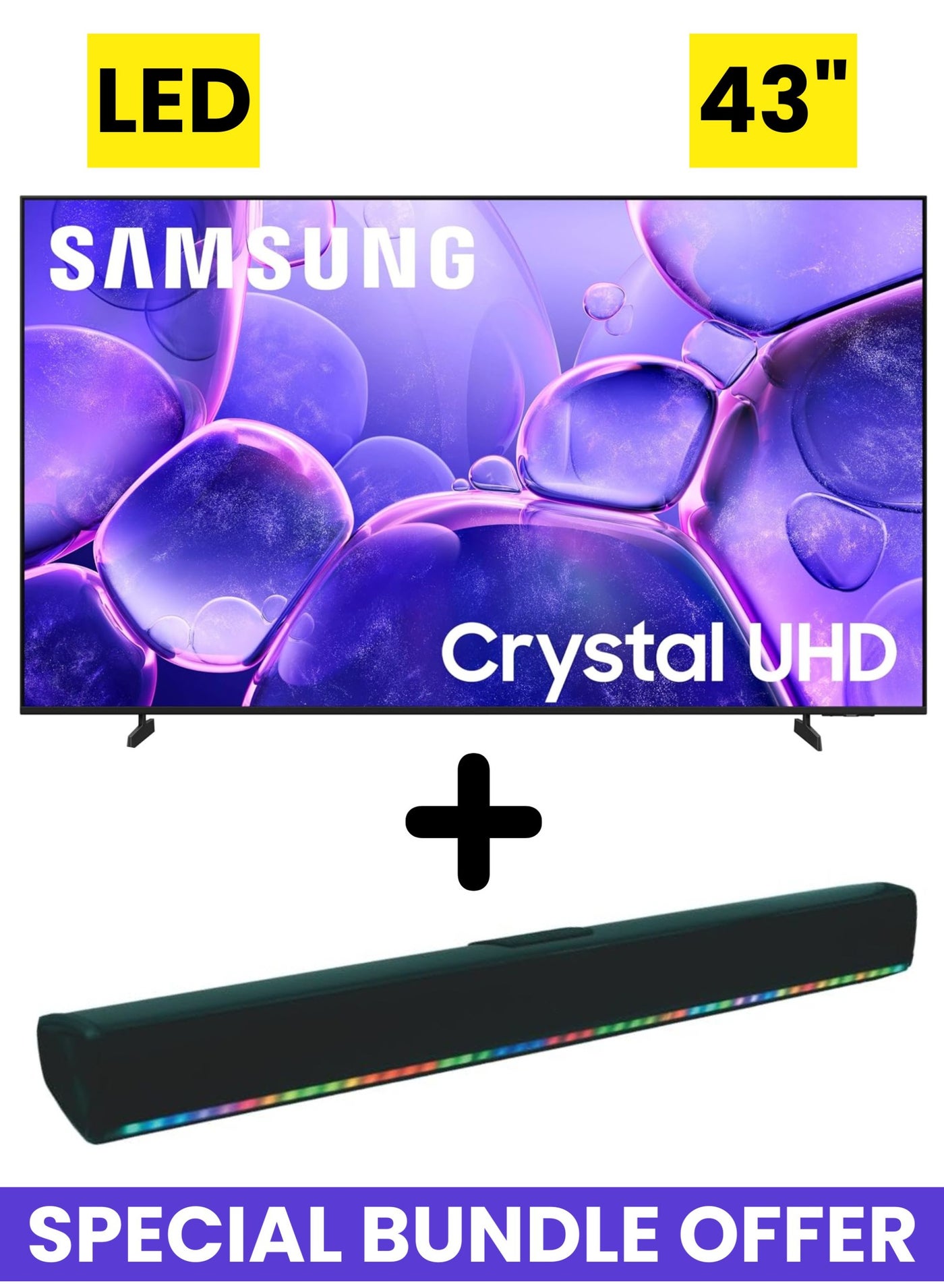 Compare 43 Inch Crystal UHD U8000F 4K Smart TV 2025 + 2.0 Channel Portable Soundbar With Built In Battery & LED Lights | Tizen Smart TV HDR TV With Crystal Processor 4K, MetalStream Design, Endless Free Content &xx at KSA Price