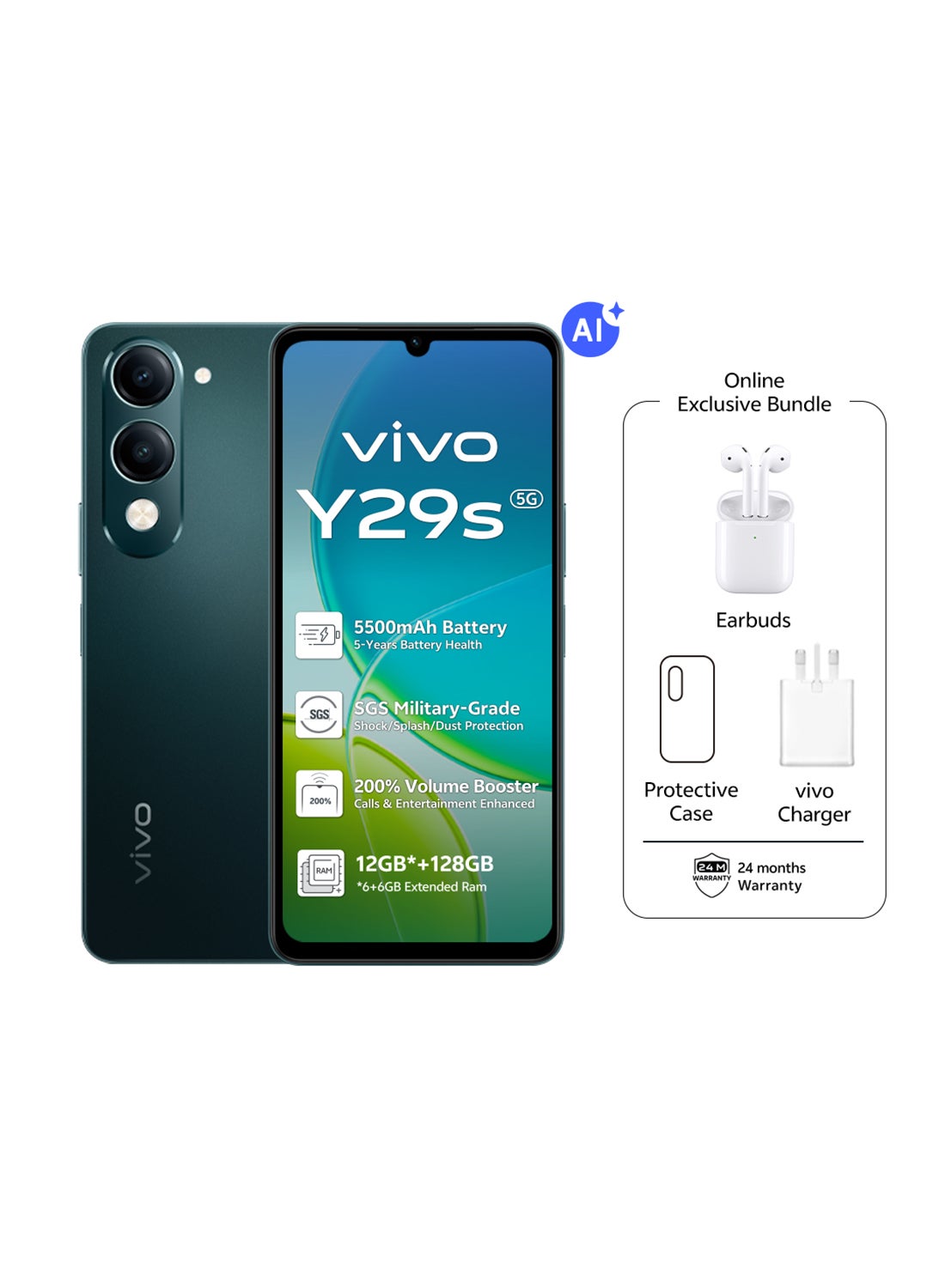 Compare Y29s AI 5G Jade Green 6GB RAM 128GB With Exclusive TWS Charger and Case Inside Phone Box  Middle East Version at KSA Price