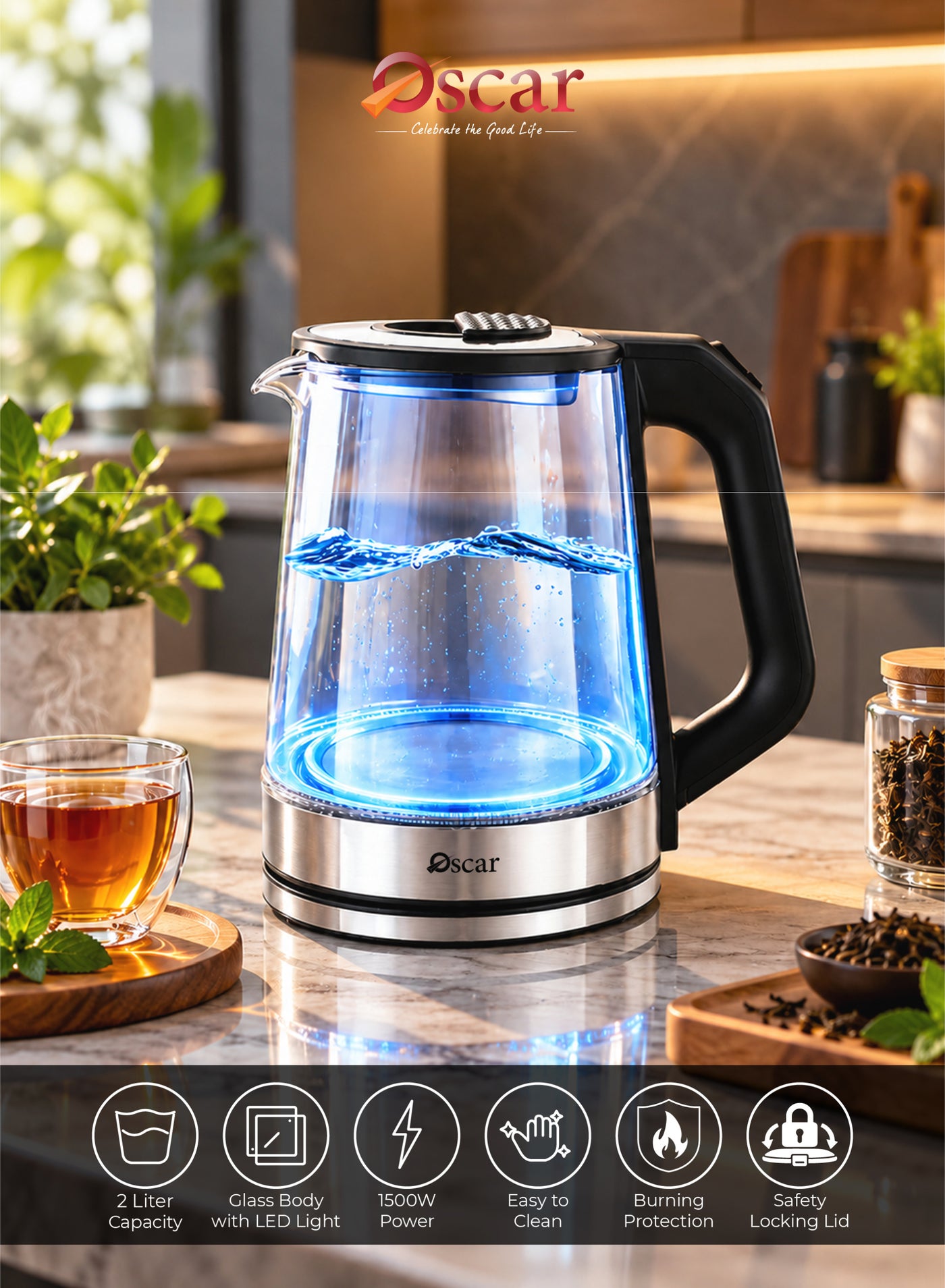 OSCAR 2L Electric Glass Kettle 1500W with LED…