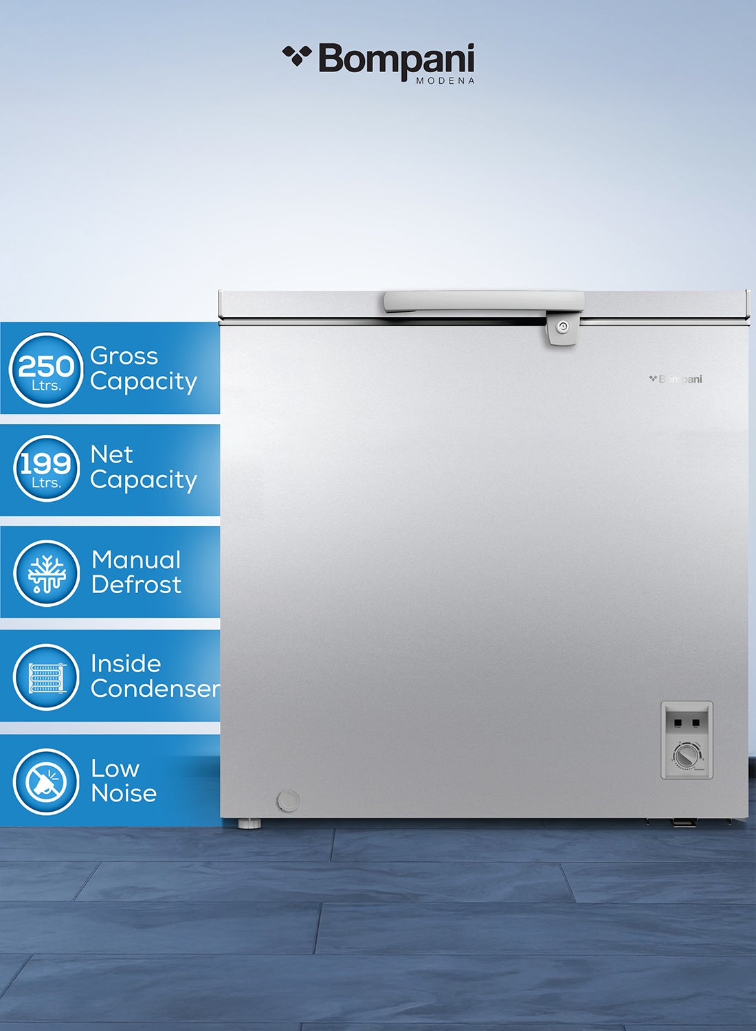 Compare 250L Gross  199L Net Capacity Chest Freezer, Defrost Cooling System, Convertible Freezer and Fridge, Mechanical Control, Lock & Key, R600a Refrigerant 1 Year Warranty 250 L 220 W BOCF250I Silver at KSA Price